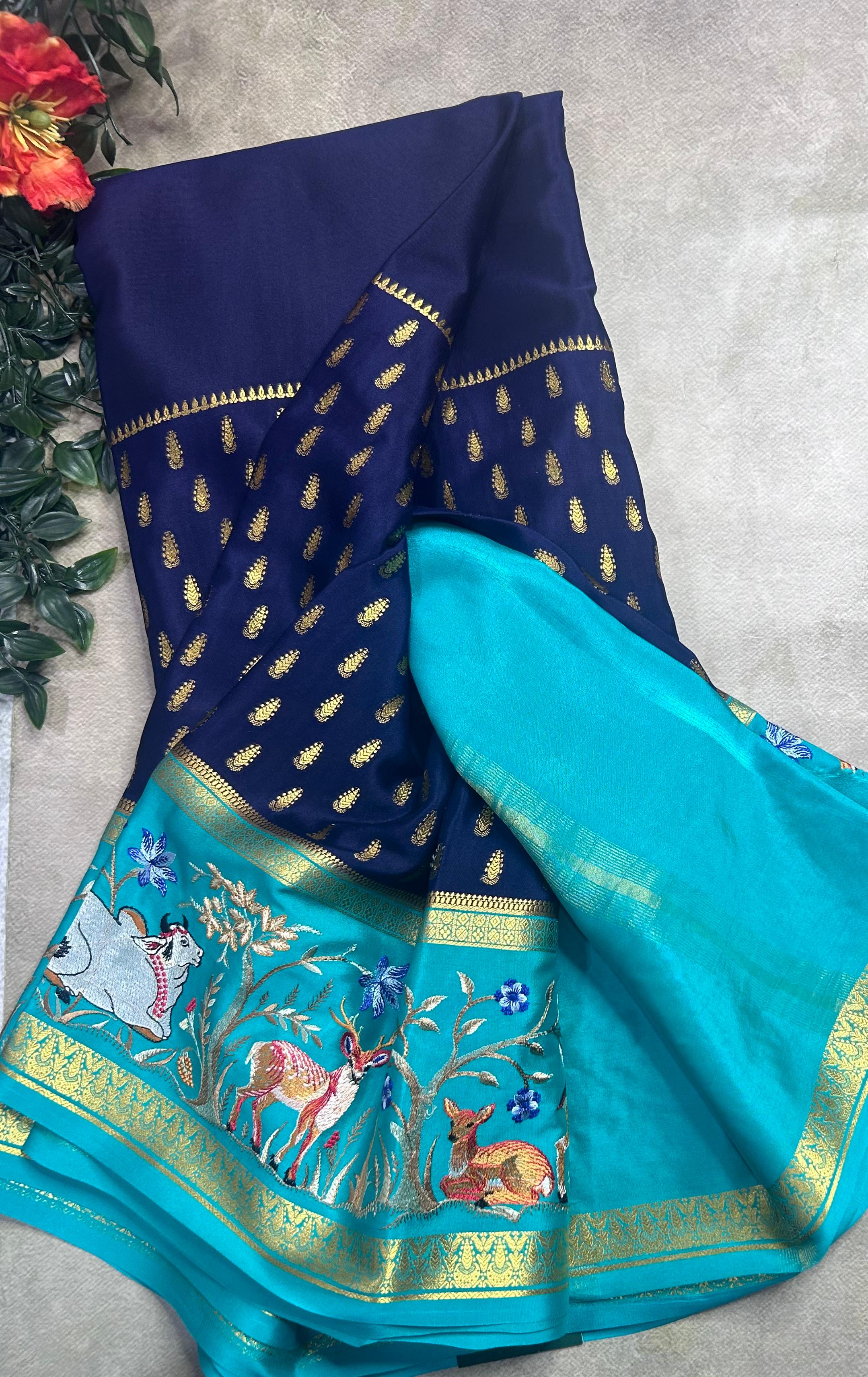 Navy blue embroidery border pure mysore crepe silk saree (EMS106)