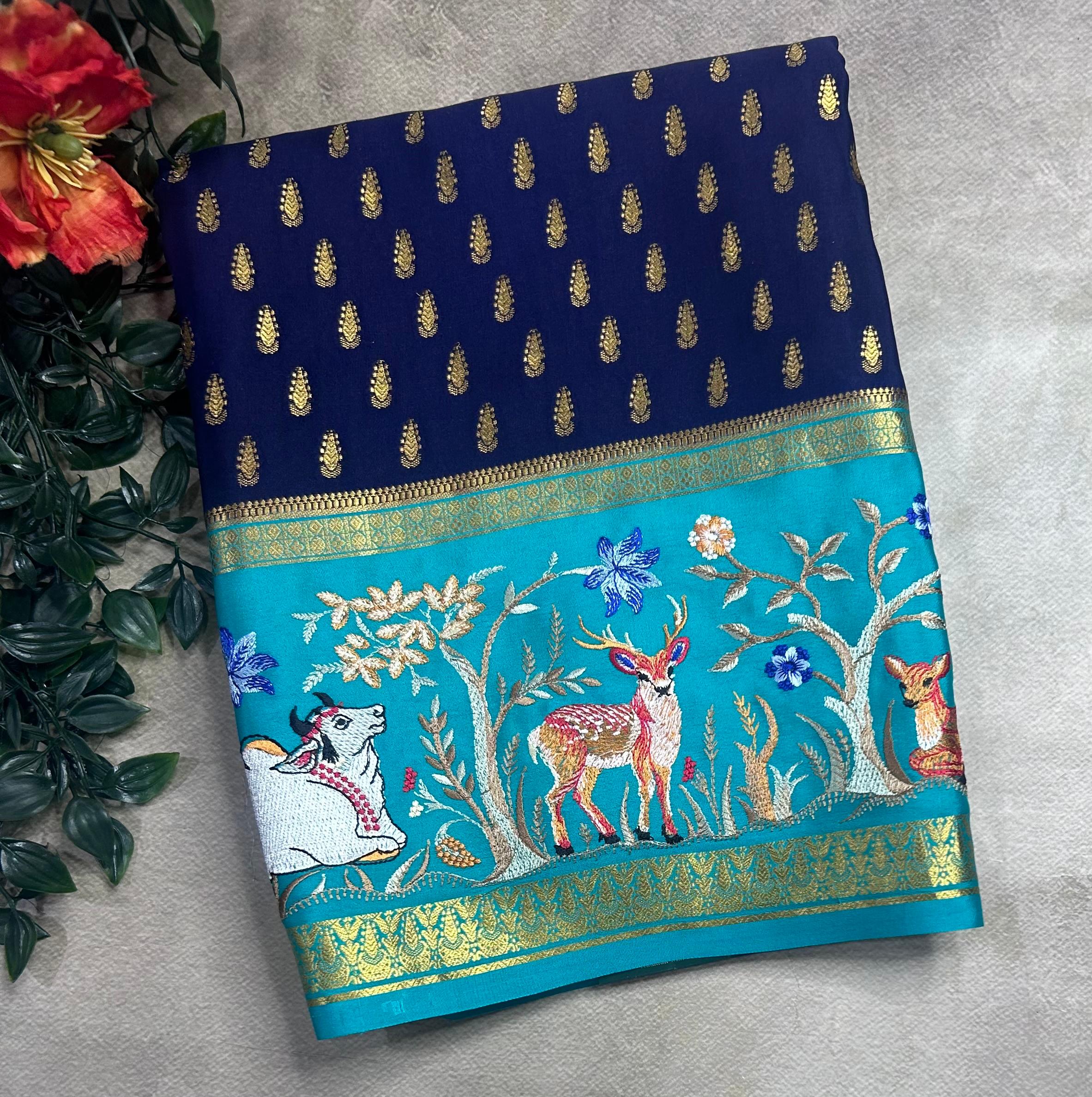 Navy blue embroidery border pure mysore crepe silk saree (EMS106)