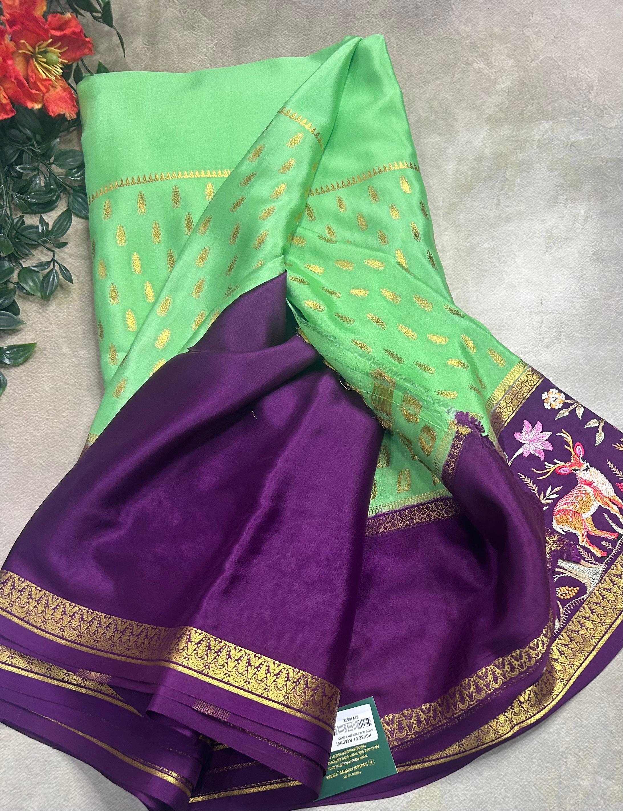 Pastel green embroidery border pure mysore crepe silk saree (EMS106)