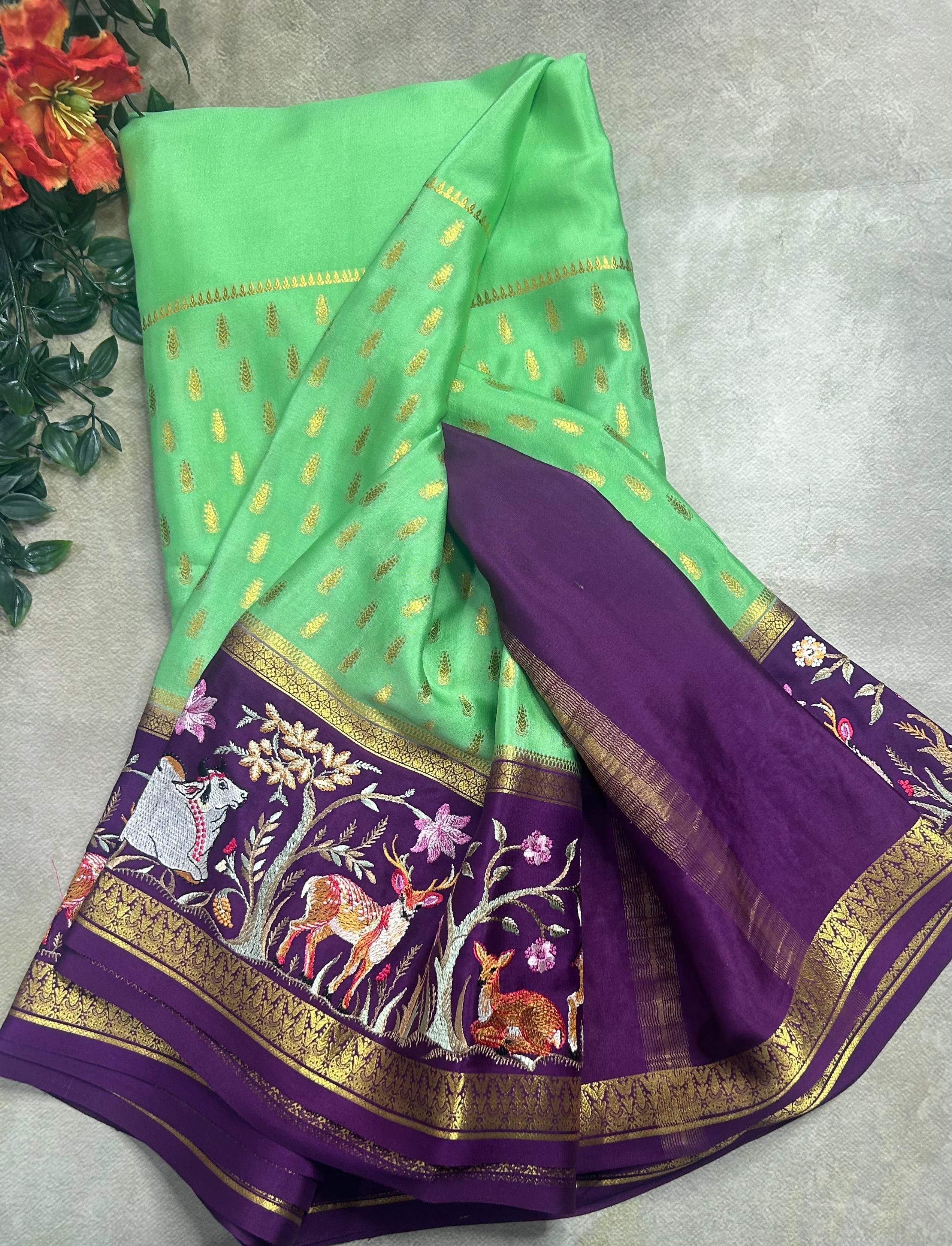 Pastel green embroidery border pure mysore crepe silk saree (EMS106)