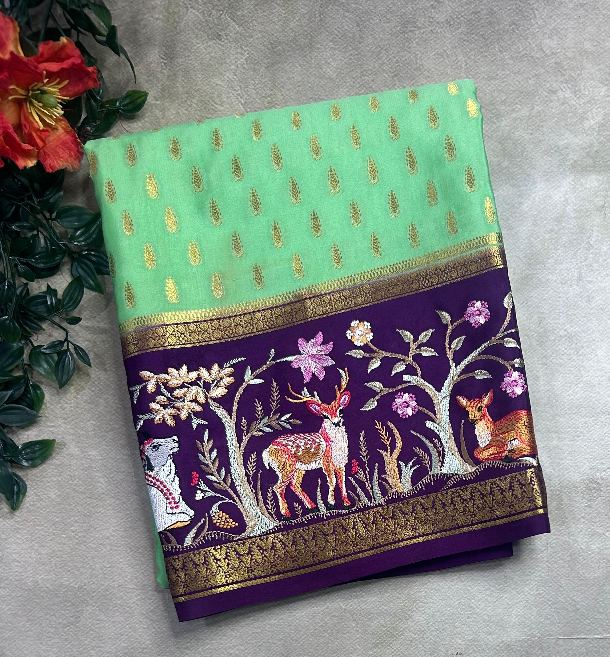 Pastel green embroidery border pure mysore crepe silk saree (EMS106)