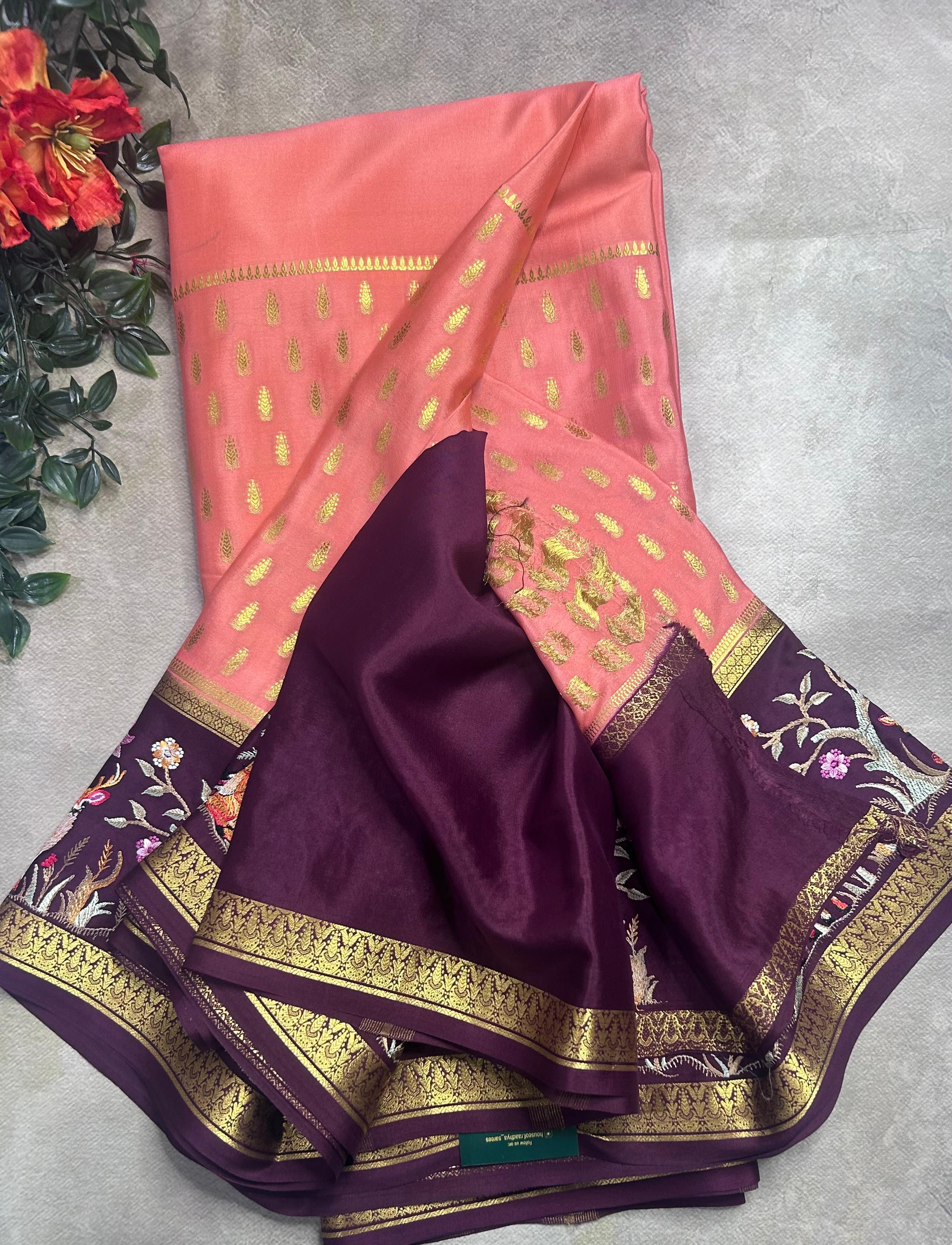 Peach embroidery border pure mysore crepe silk saree (EMS106)