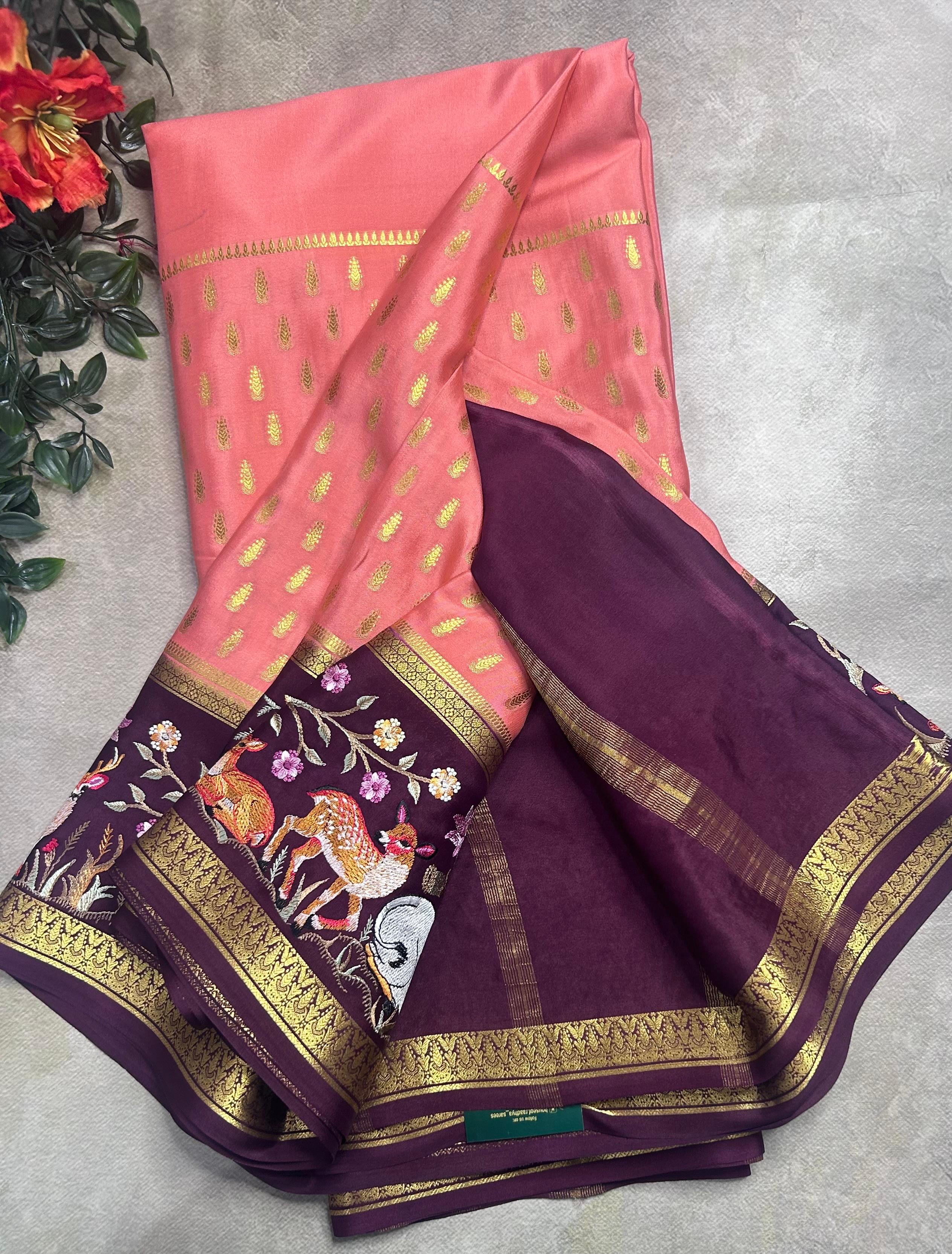 Peach embroidery border pure mysore crepe silk saree (EMS106)