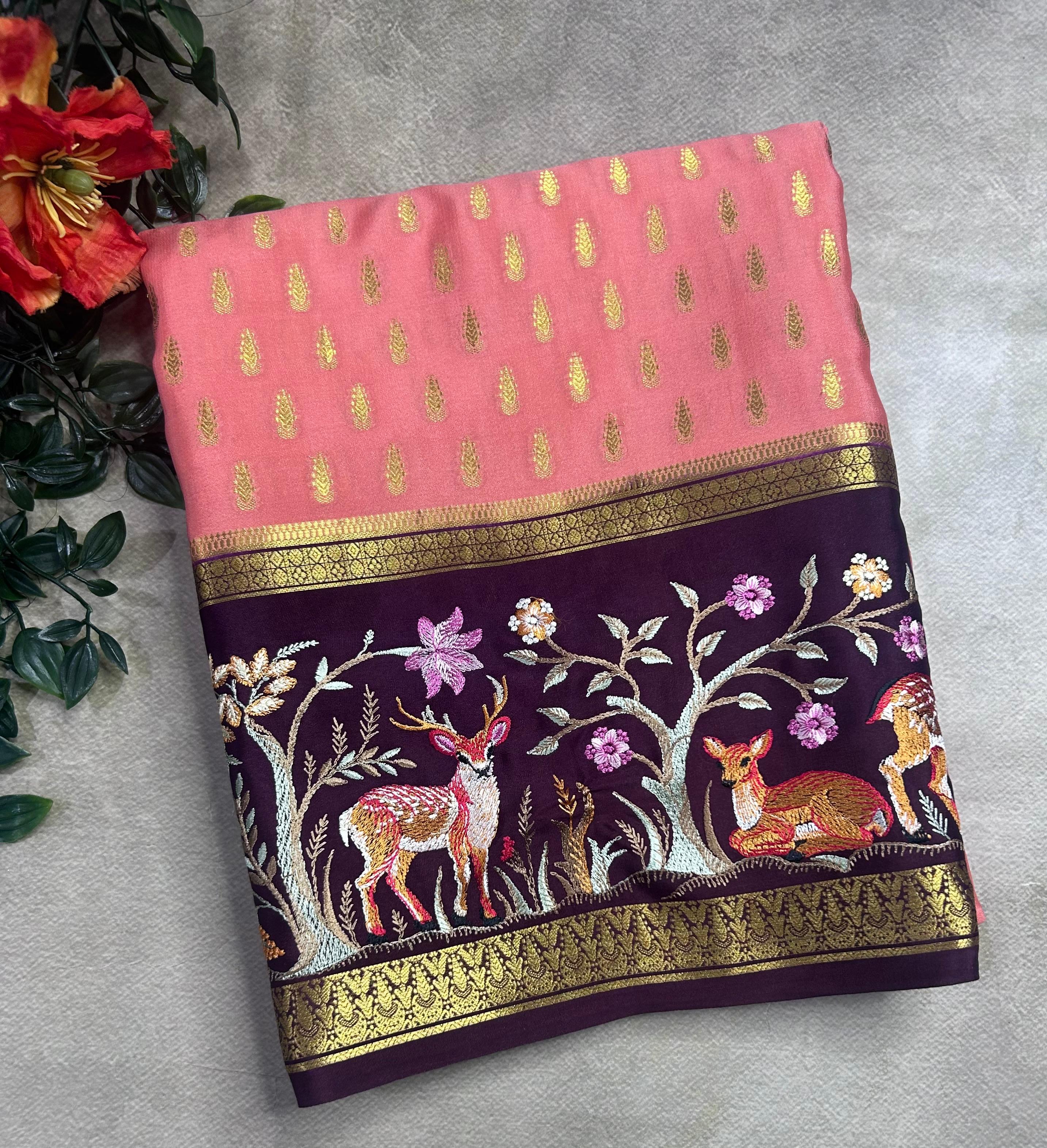 Peach embroidery border pure mysore crepe silk saree (EMS106)