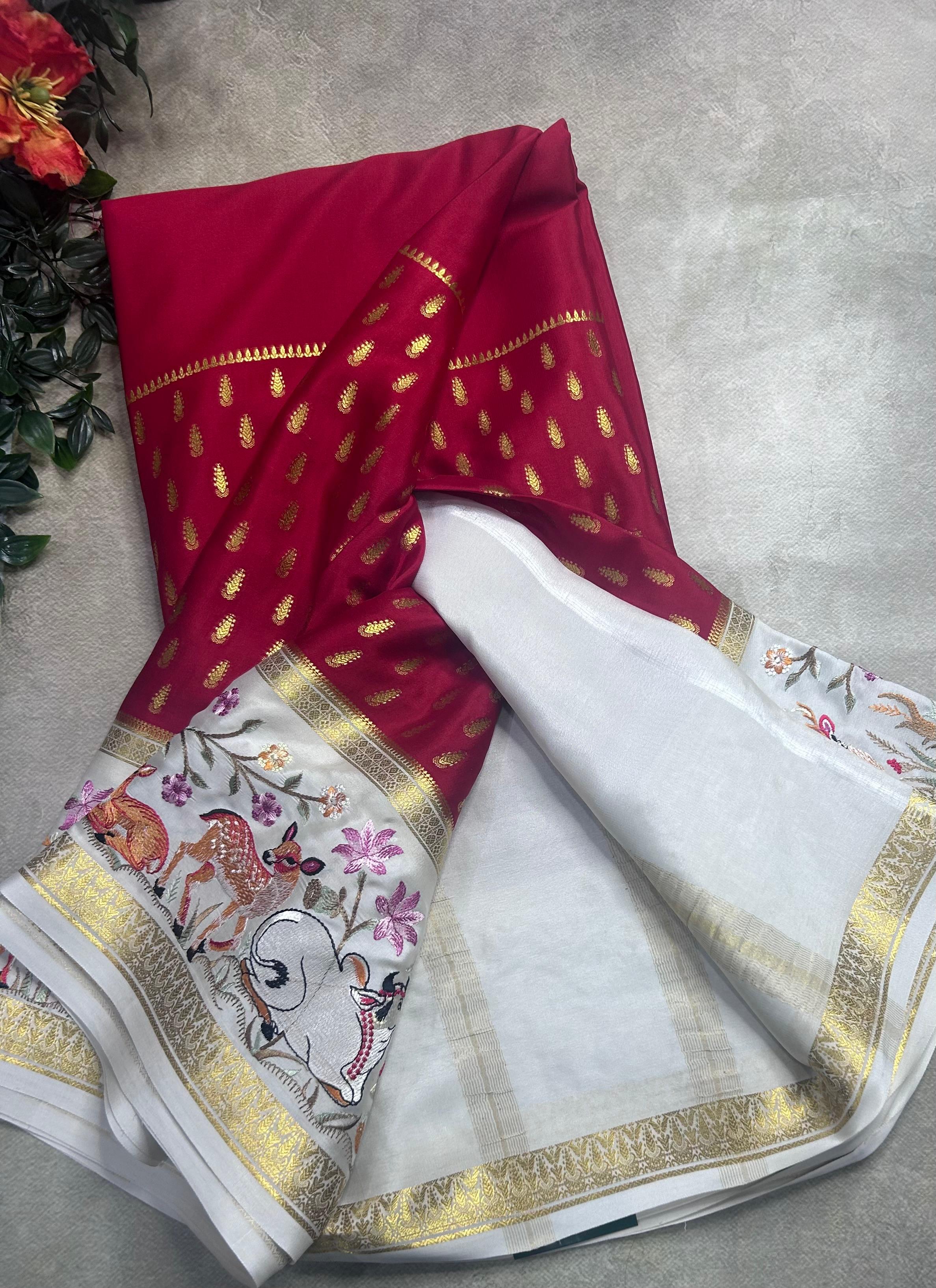Red embroidery border pure mysore crepe silk saree (EMS106)