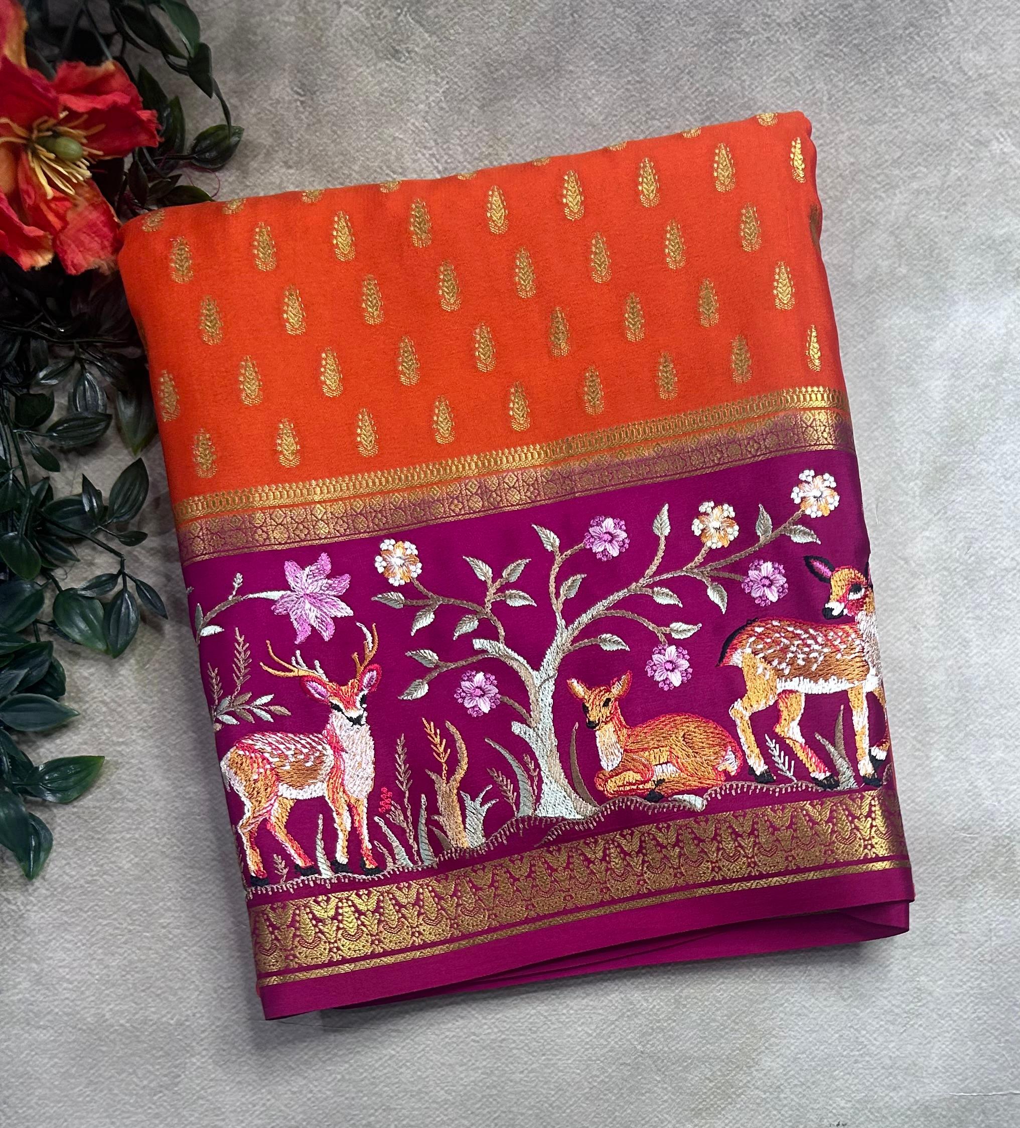 Orange embroidery border pure mysore crepe silk saree (EMS106)