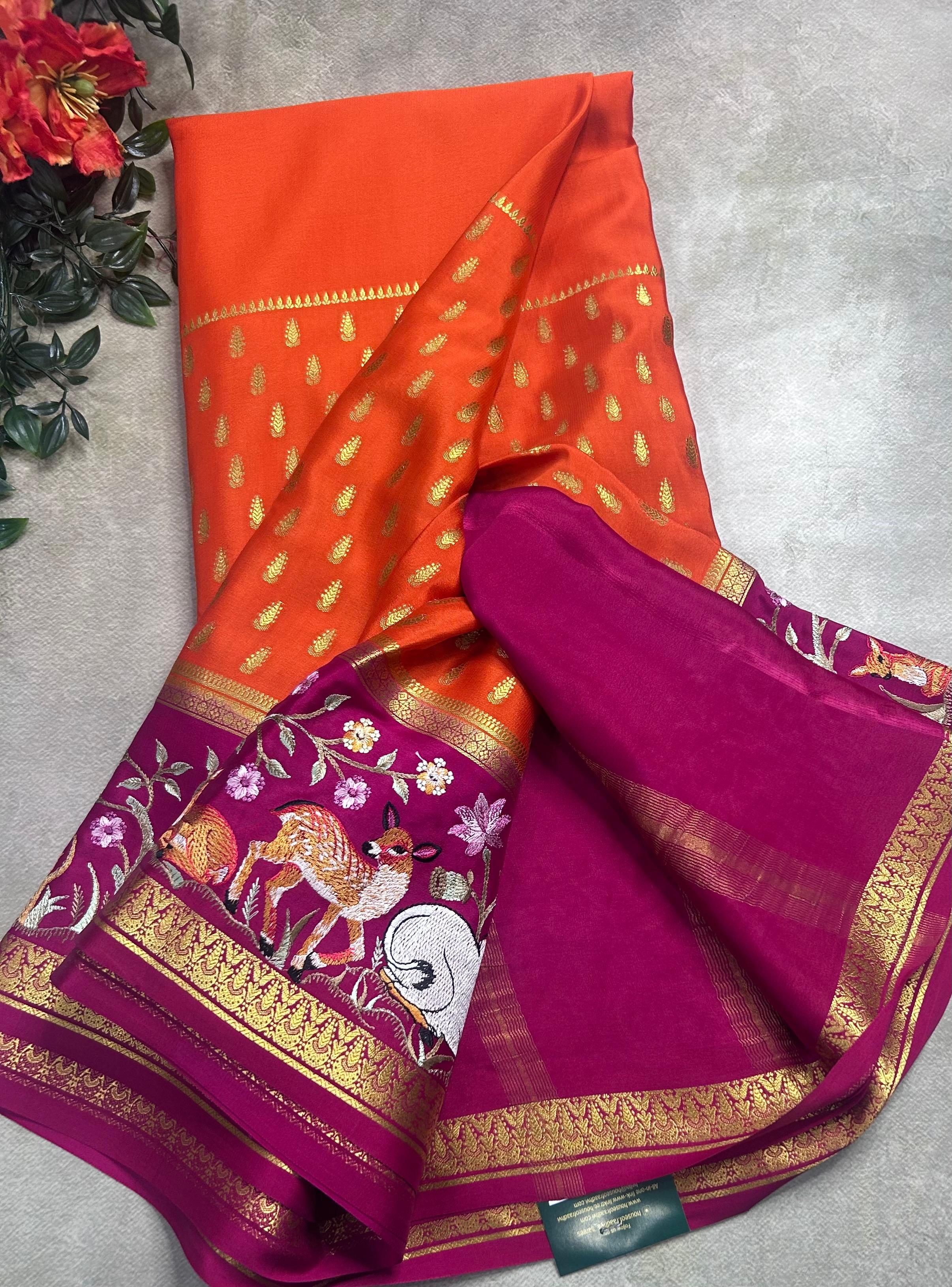 Orange embroidery border pure mysore crepe silk saree (EMS106)
