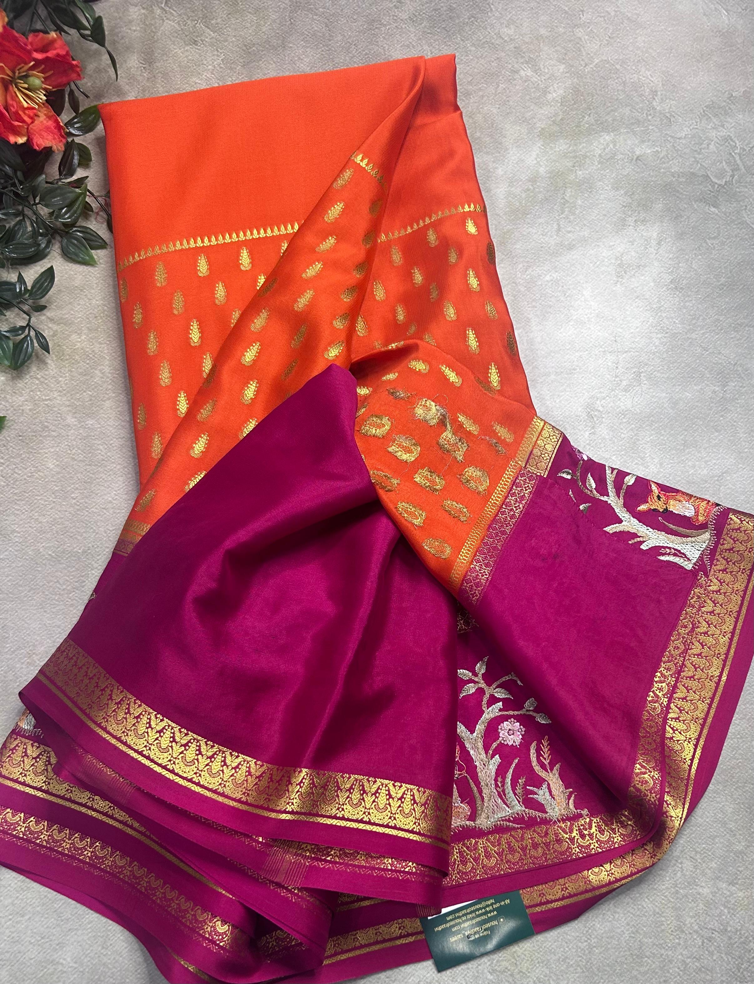 Orange embroidery border pure mysore crepe silk saree (EMS106)