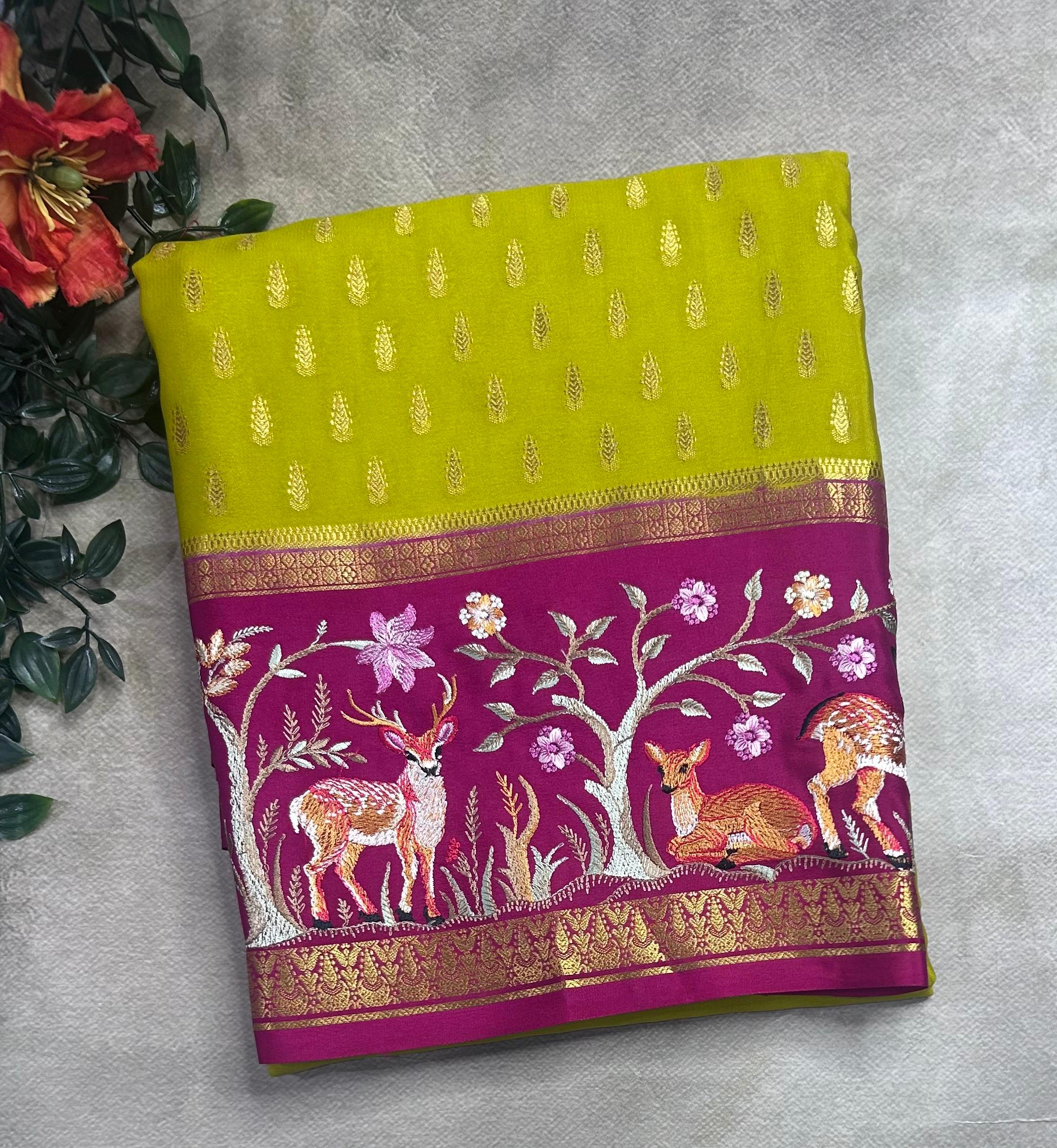 Neon green embroidery border pure mysore crepe silk saree (EMS106)