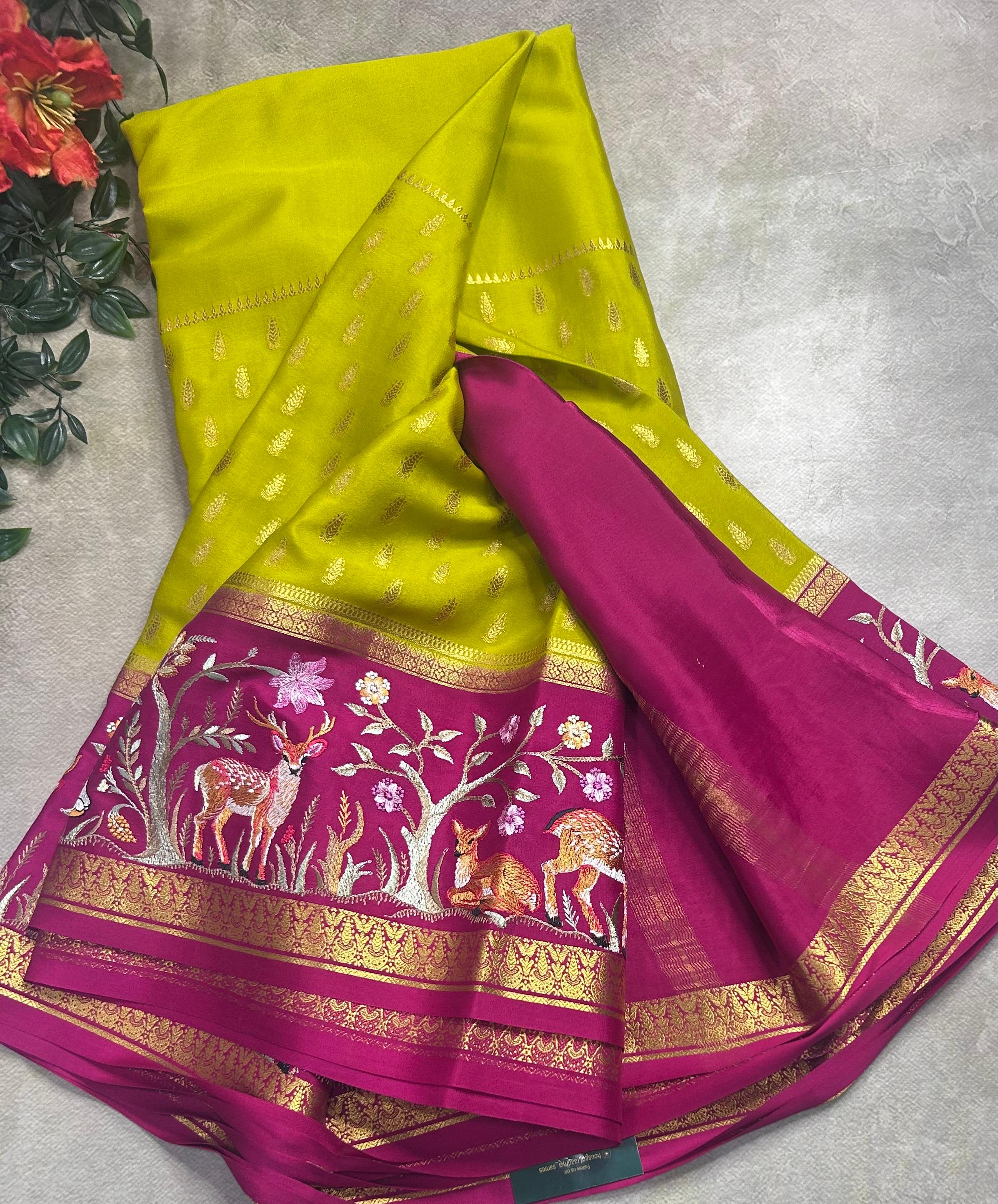 Neon green embroidery border pure mysore crepe silk saree (EMS106)