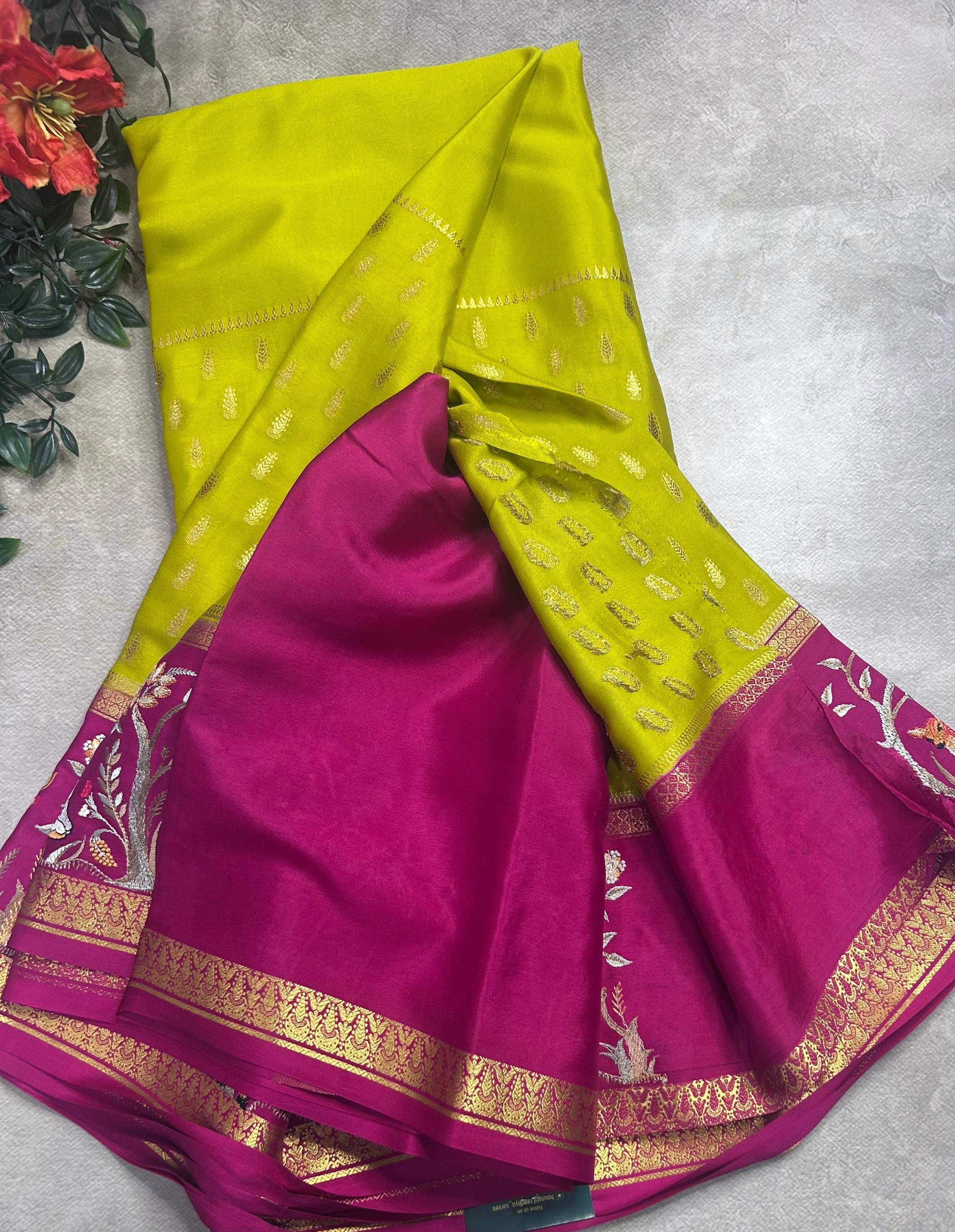 Neon green embroidery border pure mysore crepe silk saree (EMS106)