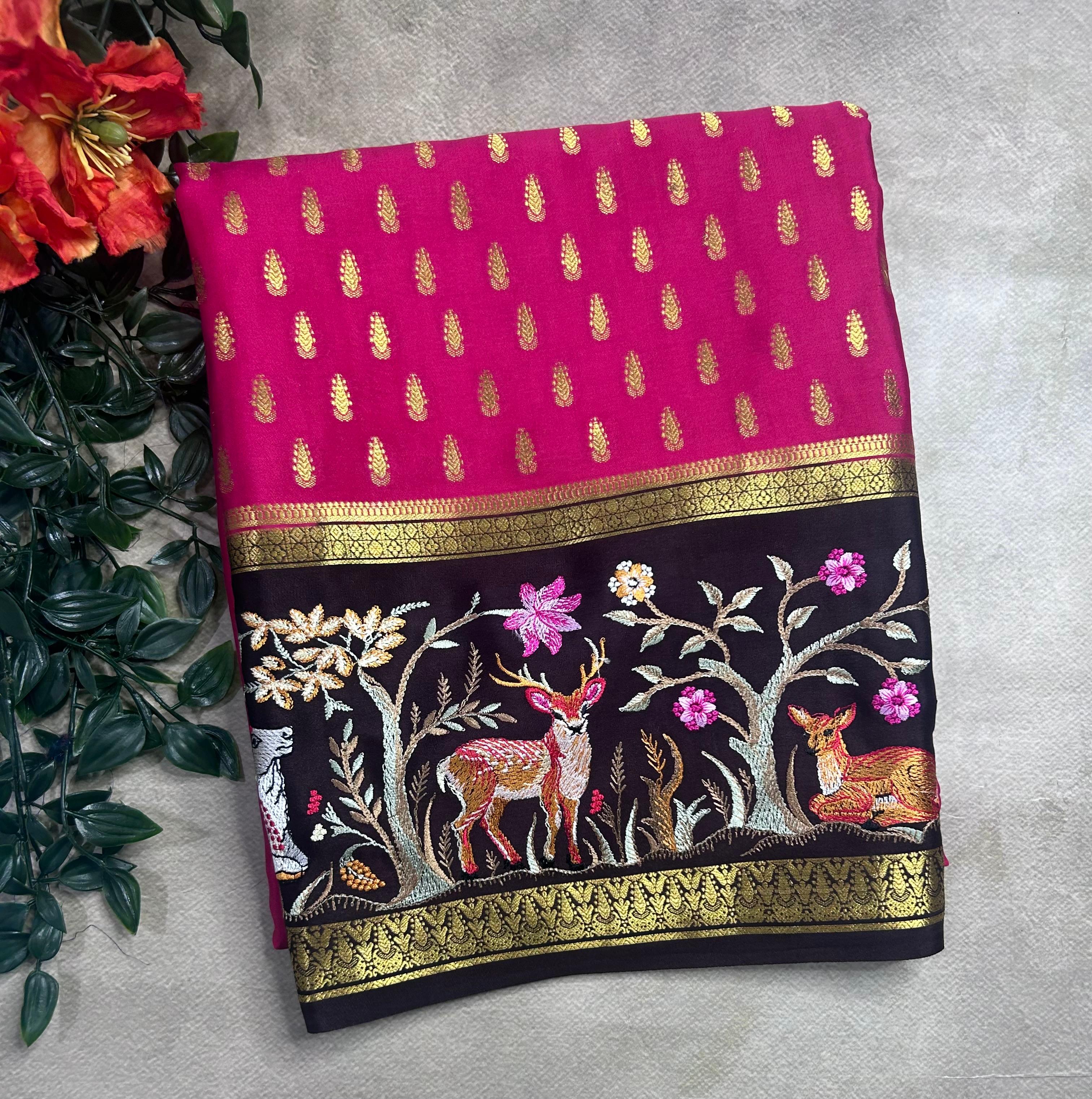 Pink embroidery border pure mysore crepe silk saree (EMS106)