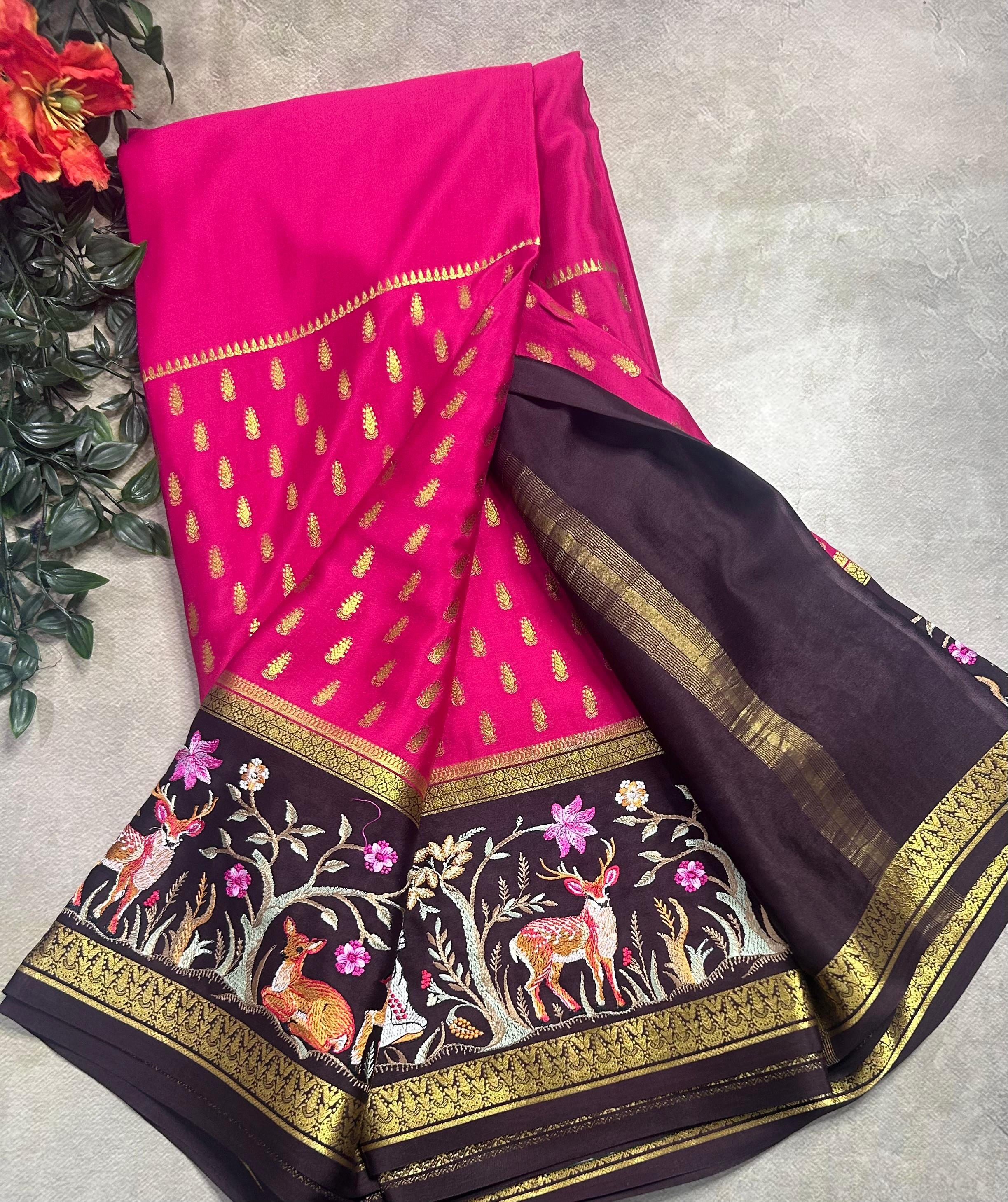 Pink embroidery border pure mysore crepe silk saree (EMS106)