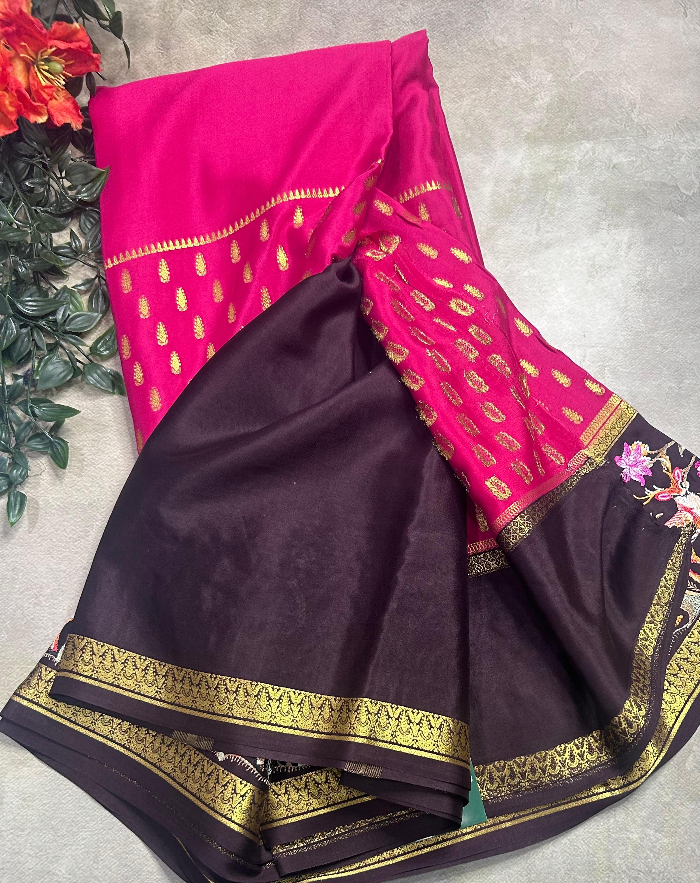 Pink embroidery border pure mysore crepe silk saree (EMS106)