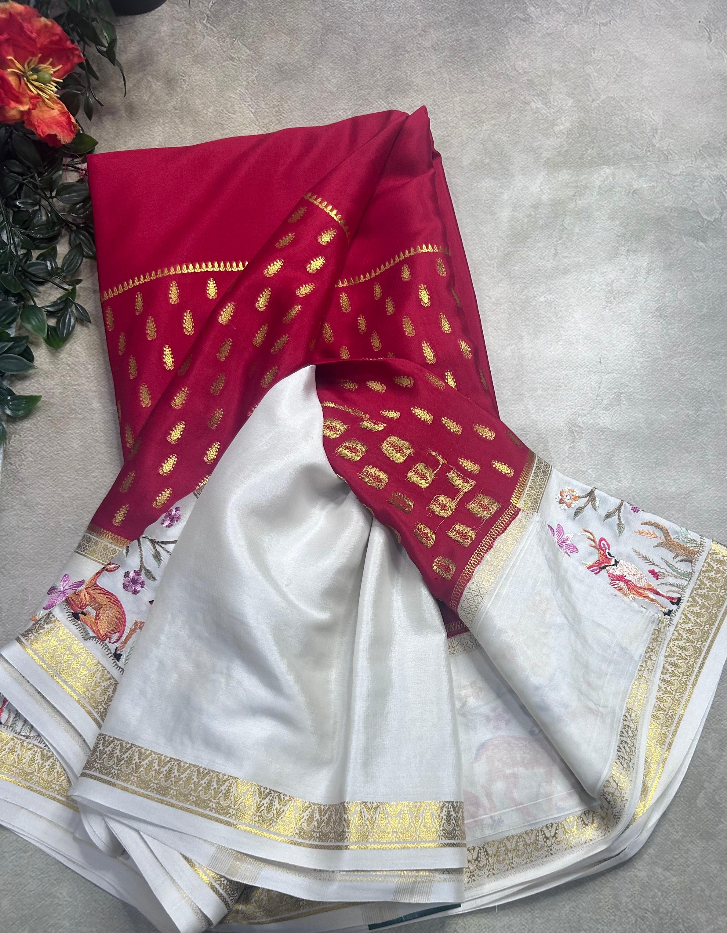 Red embroidery border pure mysore crepe silk saree (EMS106)