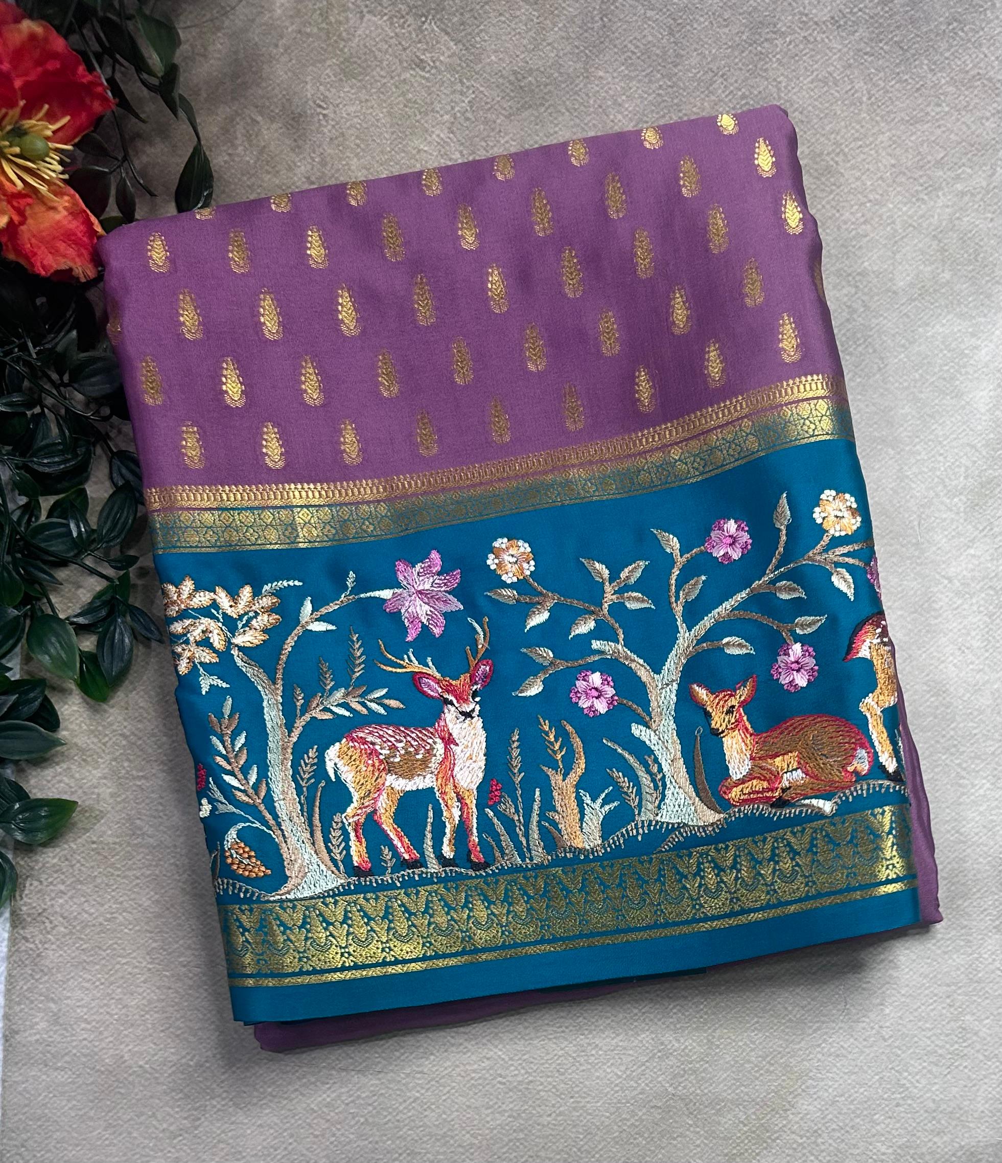 Light purple embroidery border pure mysore crepe silk saree (EMS106)