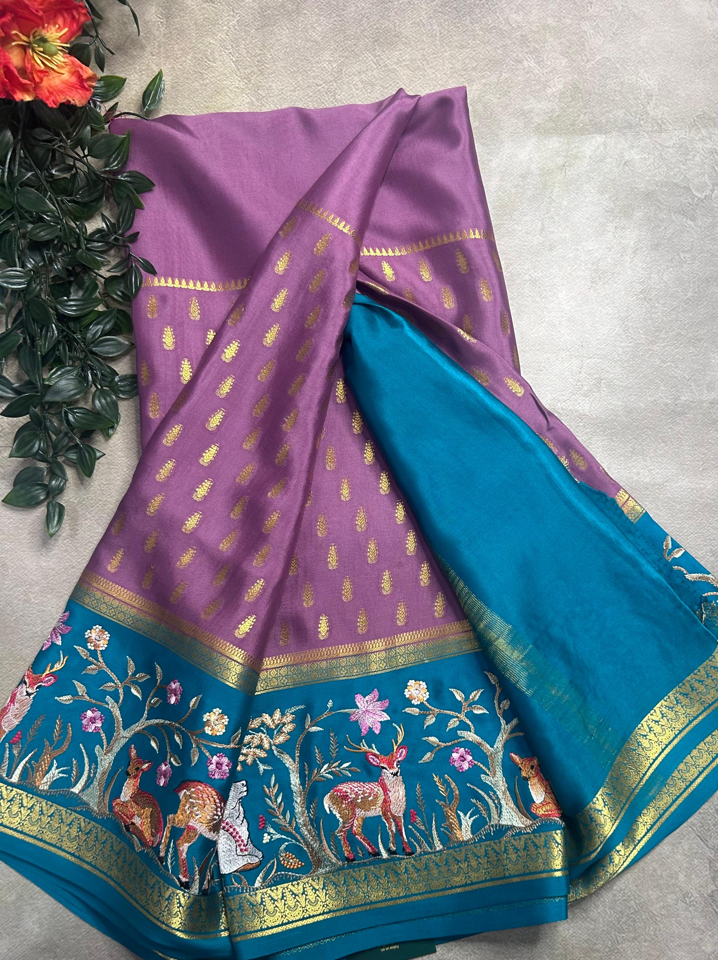 Light purple embroidery border pure mysore crepe silk saree (EMS106)