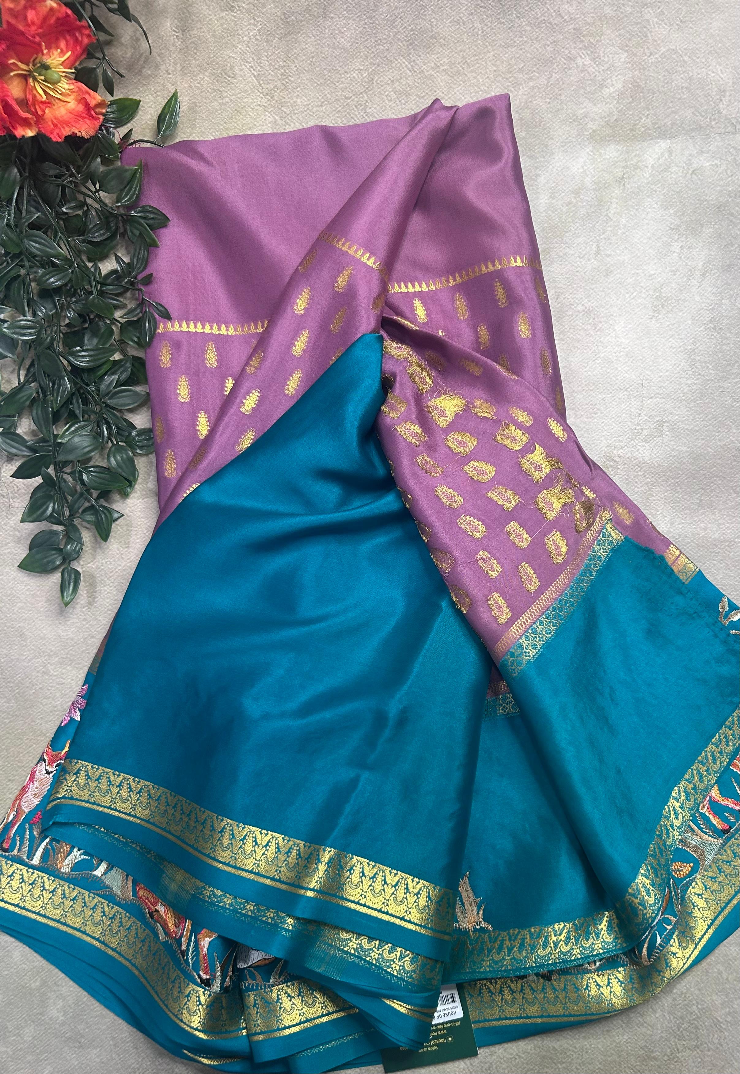 Light purple embroidery border pure mysore crepe silk saree (EMS106)
