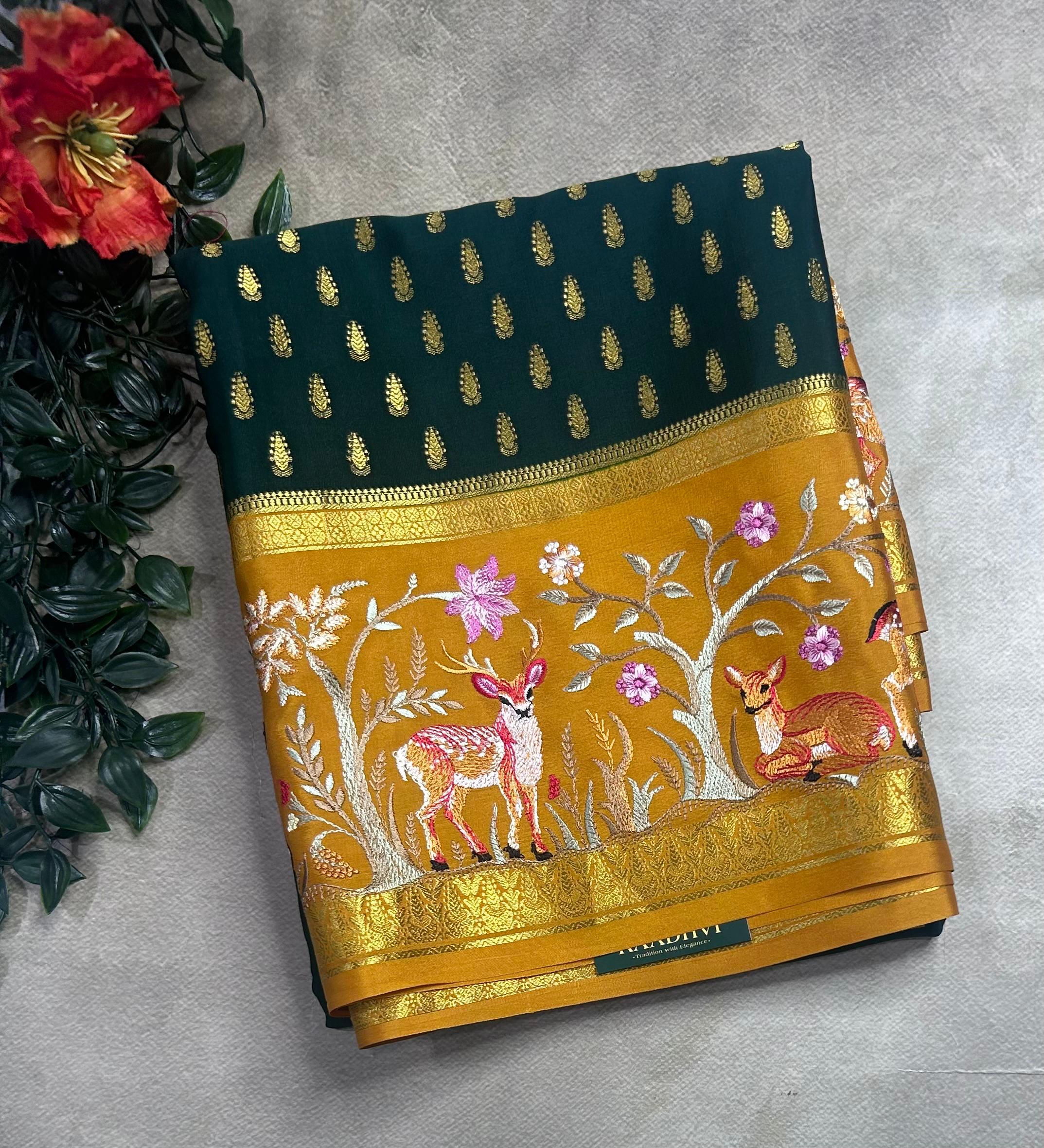 Bottle green embroidery border pure mysore crepe silk saree (EMS106)