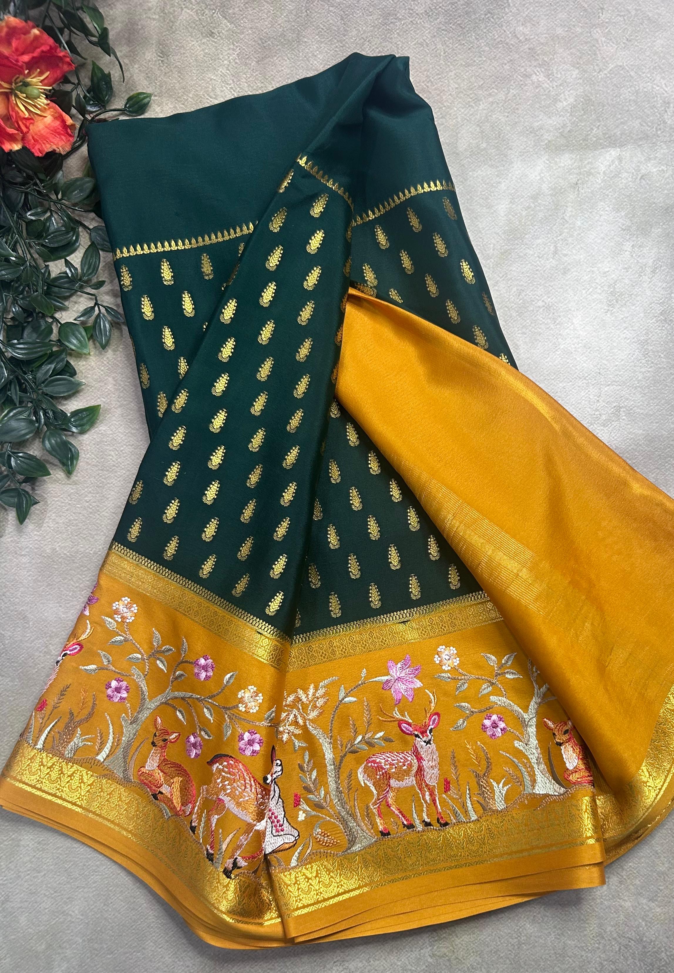 Bottle green embroidery border pure mysore crepe silk saree (EMS106)