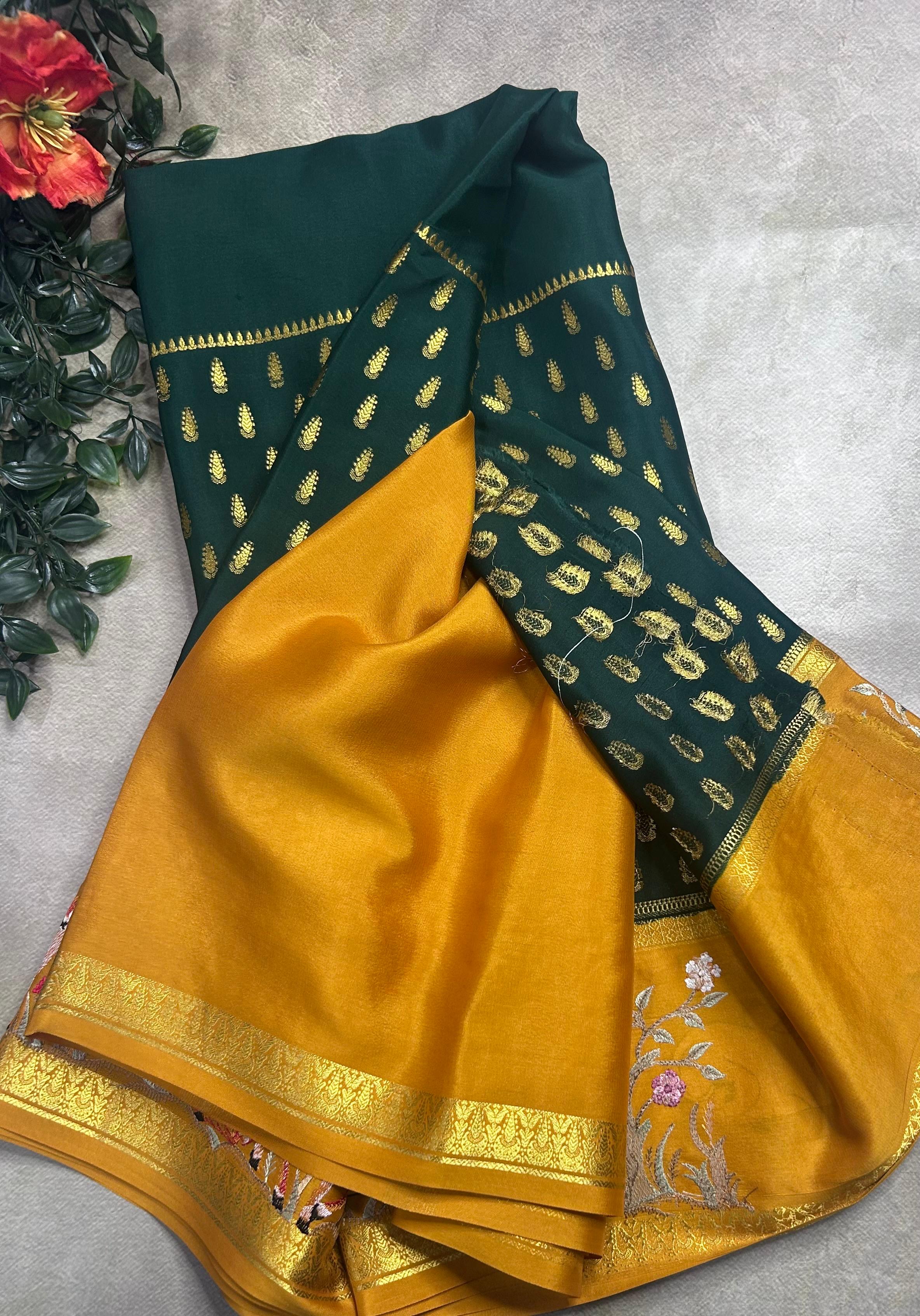Bottle green embroidery border pure mysore crepe silk saree (EMS106)