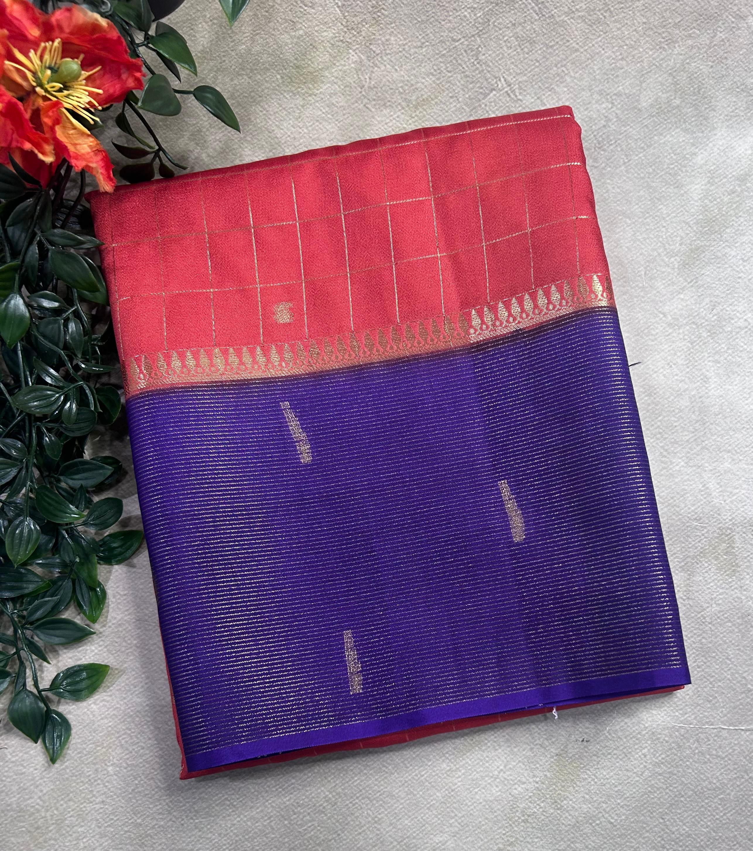Orange checks semi Mysore crepe 106 saree