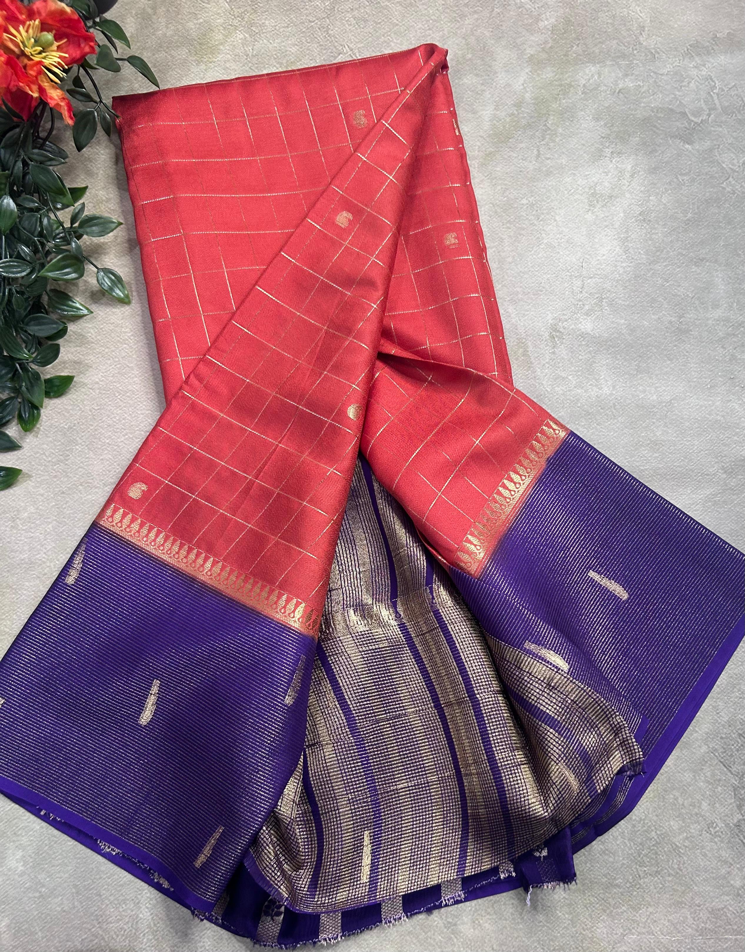 Orange checks semi Mysore crepe 106 saree