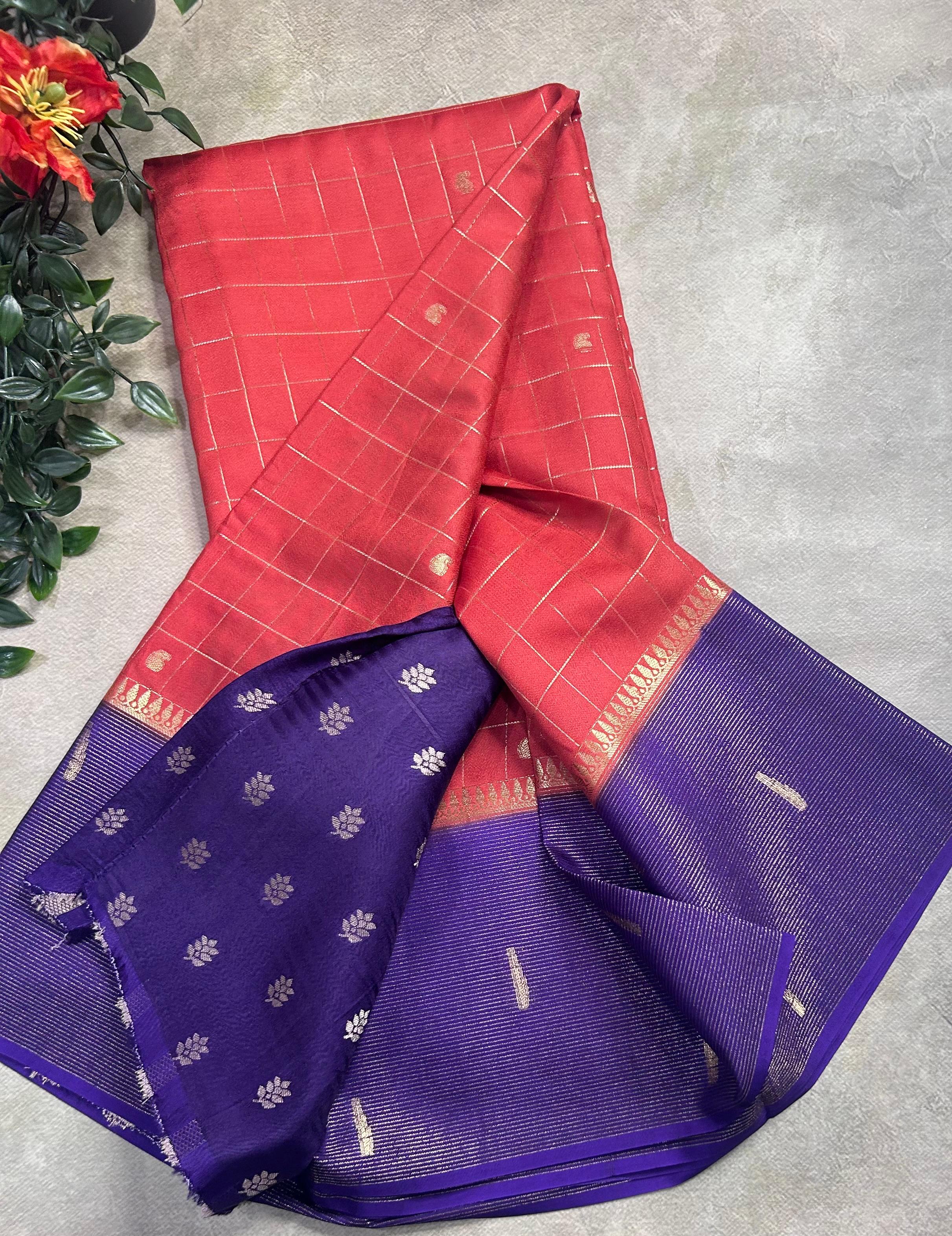 Orange checks semi Mysore crepe 106 saree
