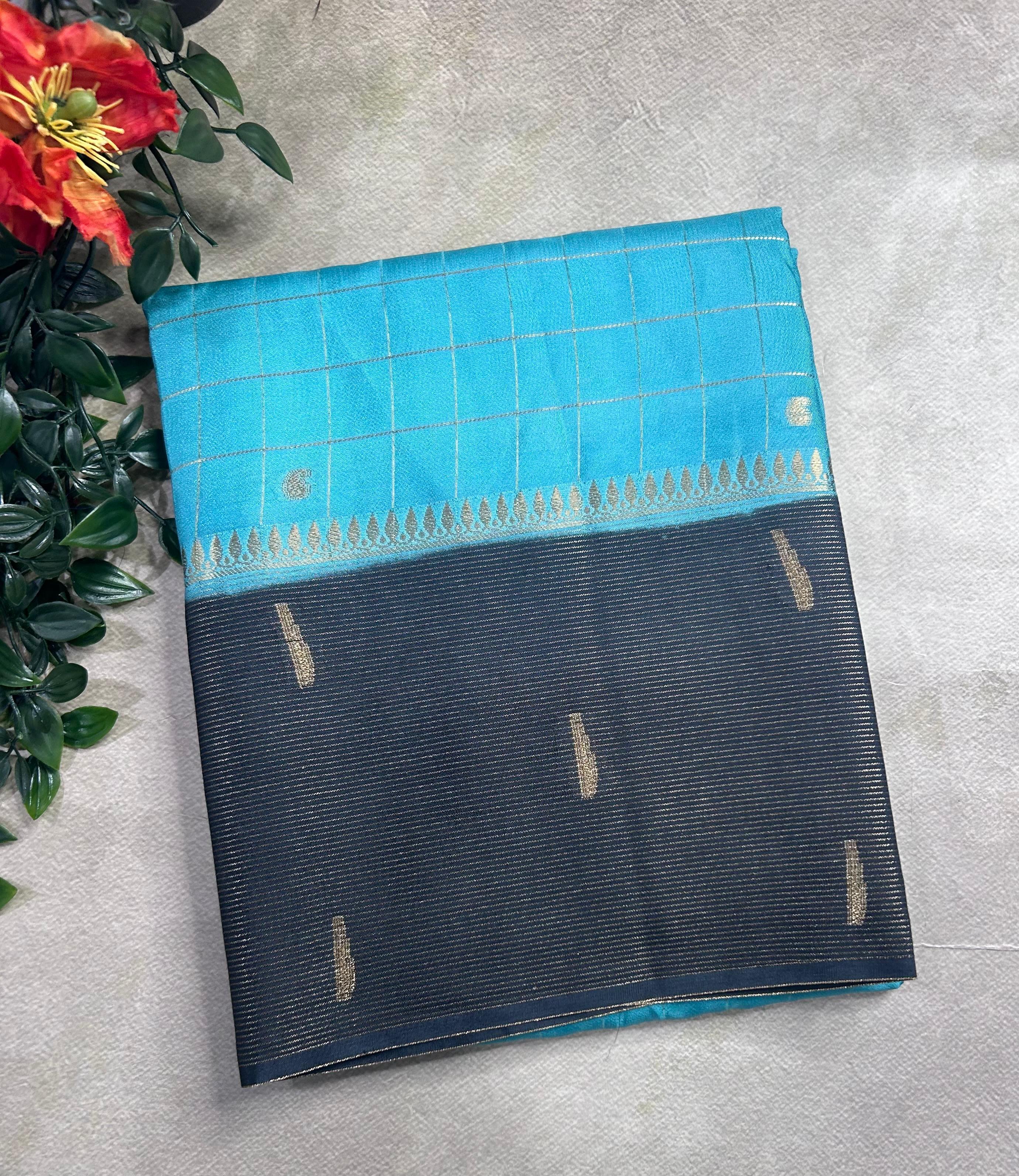 Sky blue checks semi Mysore crepe 106 saree