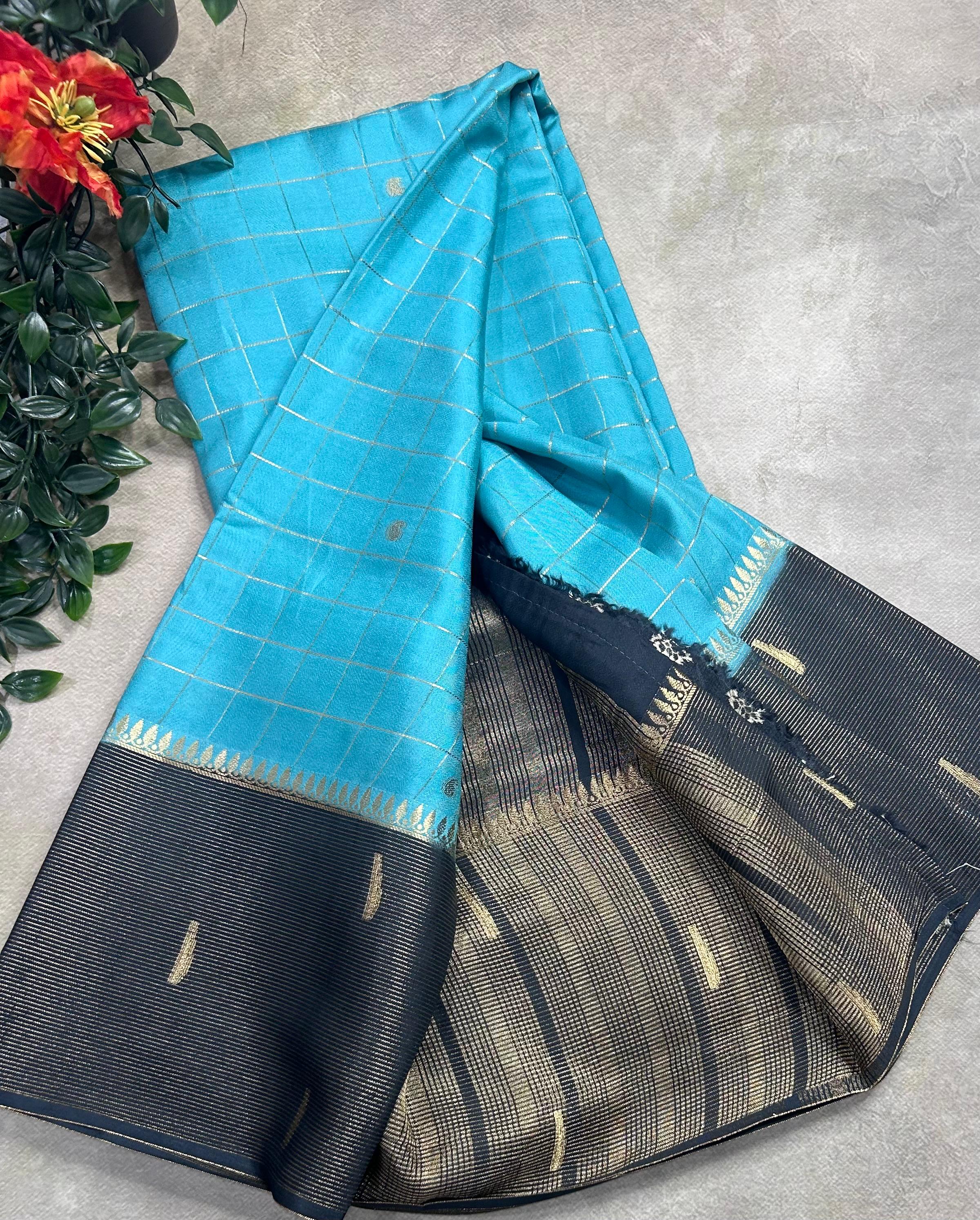 Sky blue checks semi Mysore crepe 106 saree
