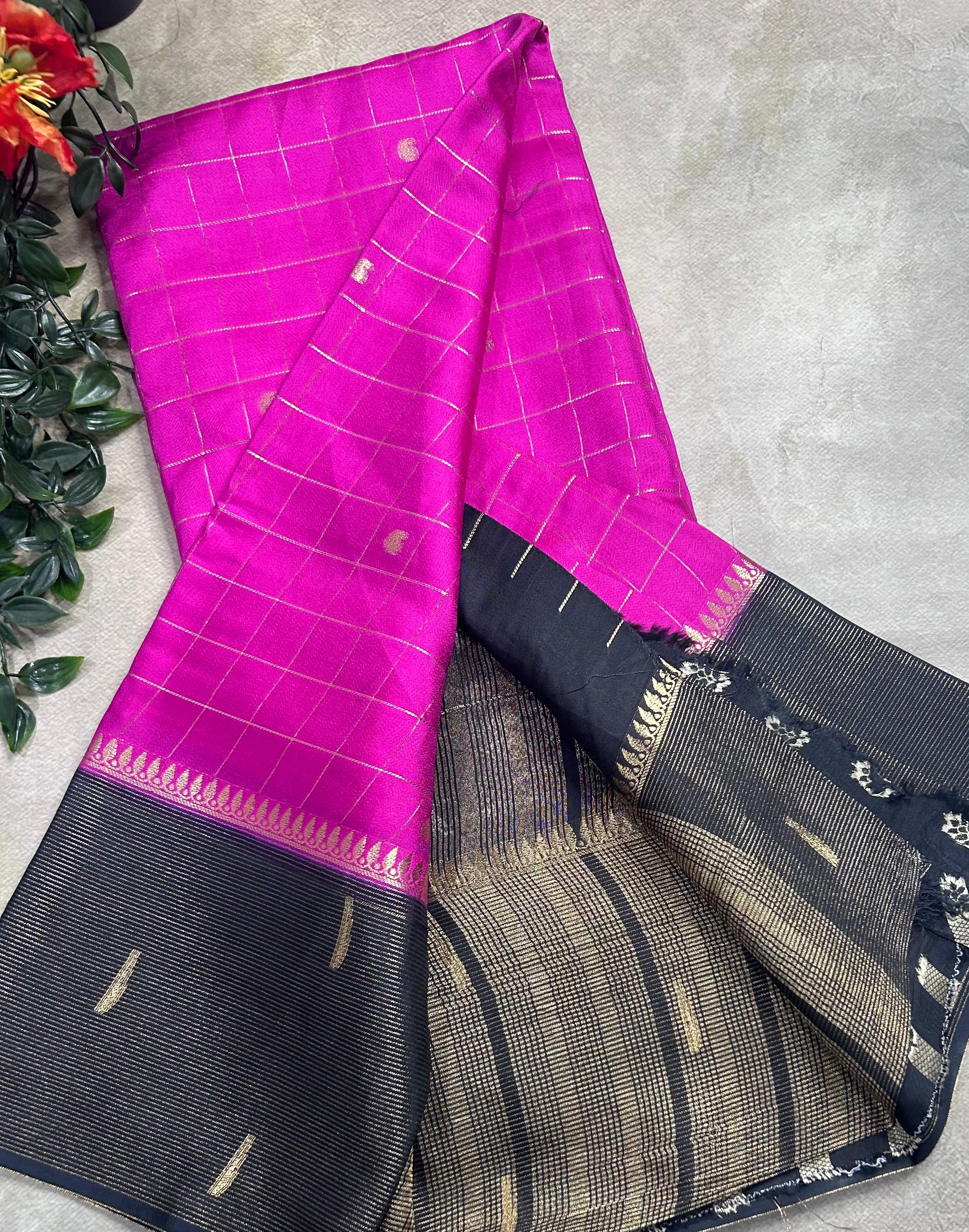 Pink checks semi Mysore crepe 106 saree
