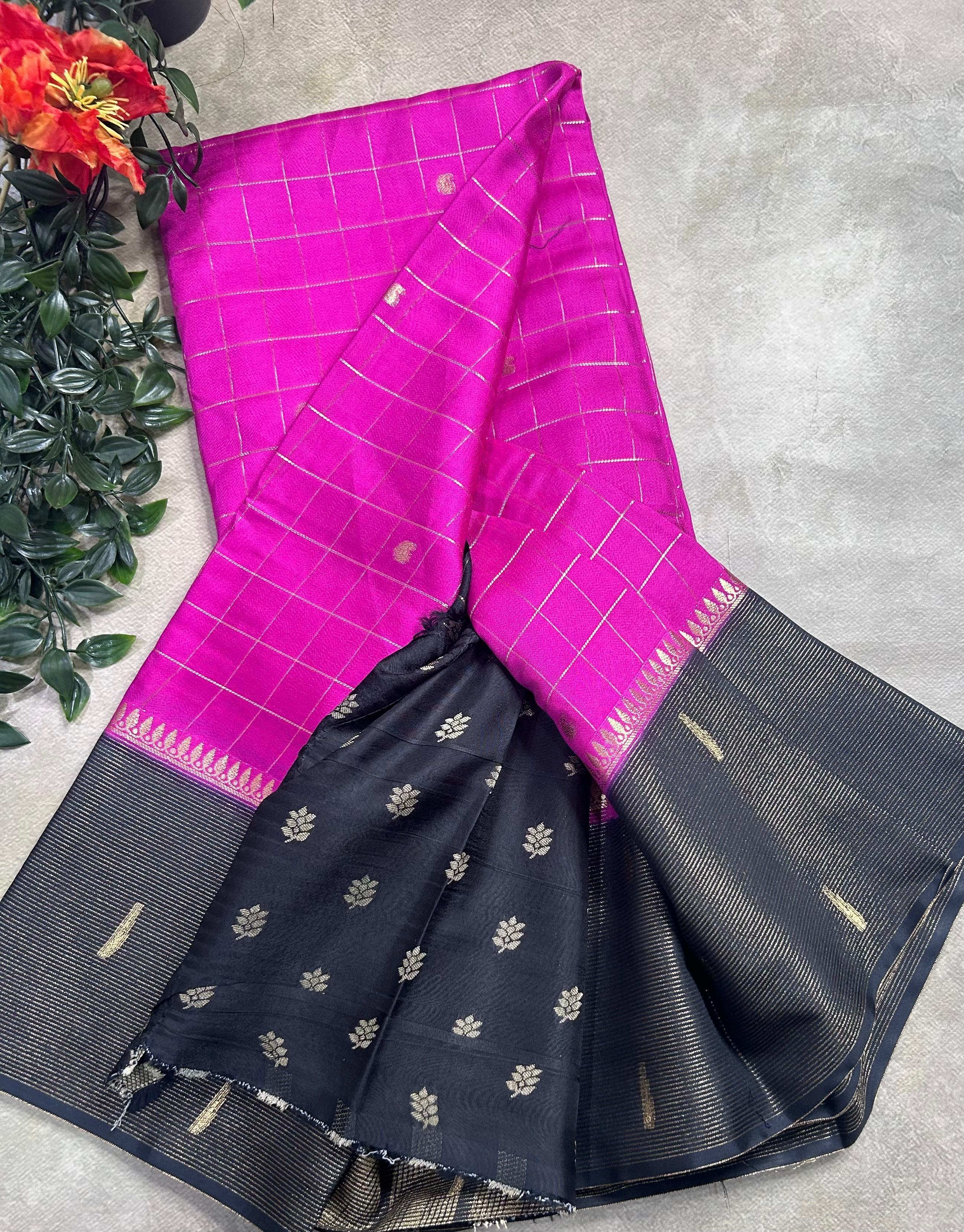 Pink checks semi Mysore crepe 106 saree