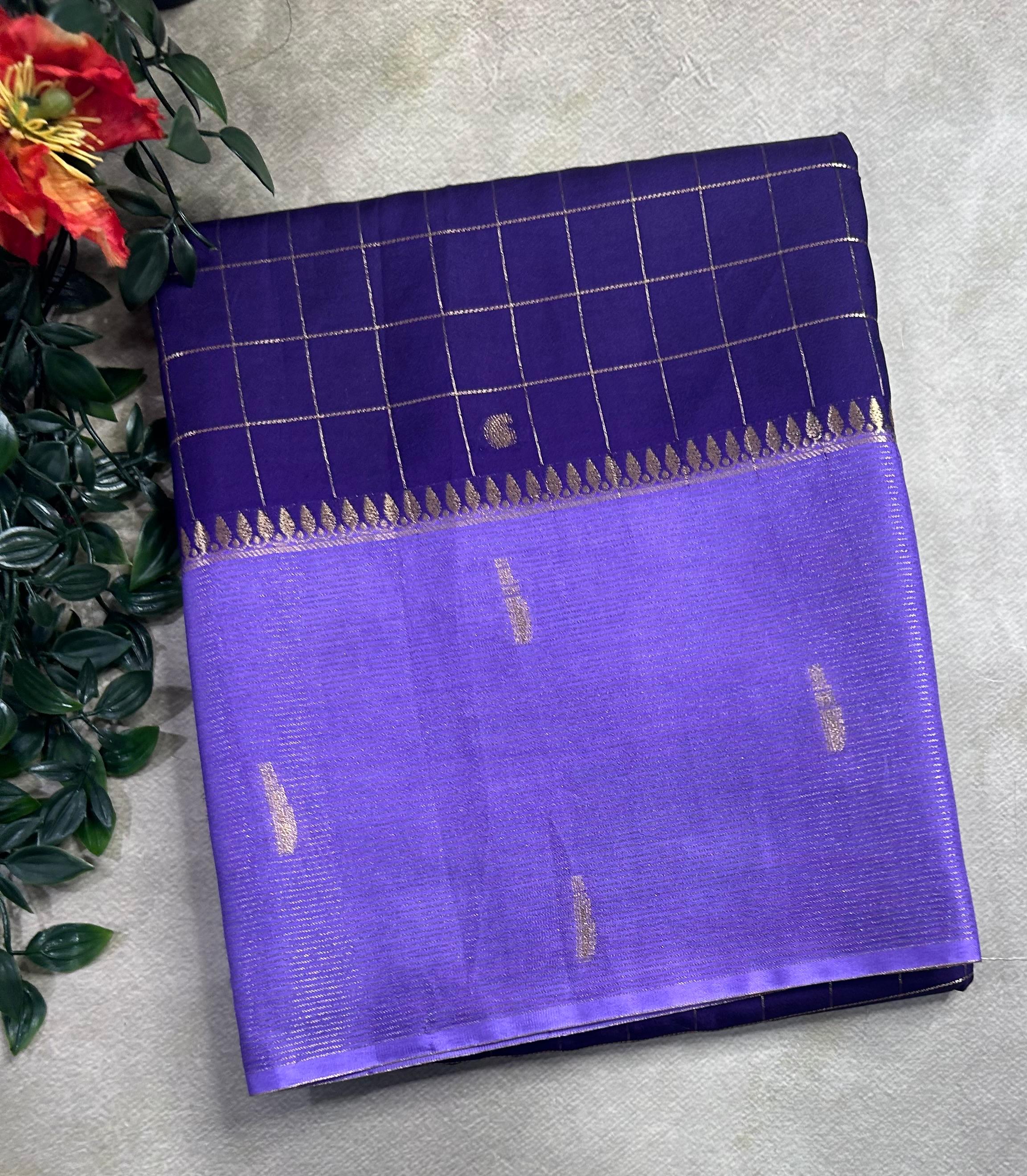 Purple checks semi Mysore crepe 106 saree