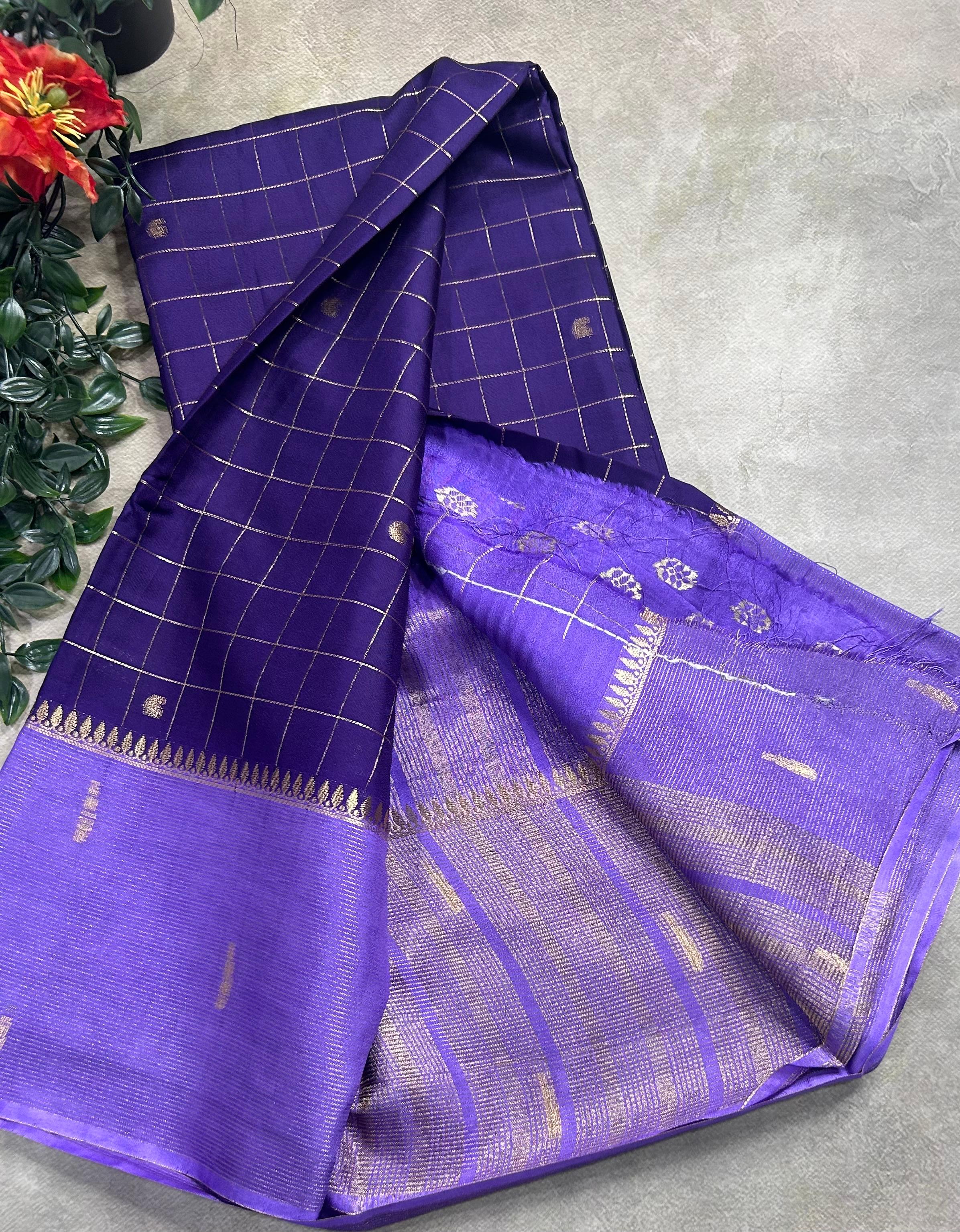 Purple checks semi Mysore crepe 106 saree