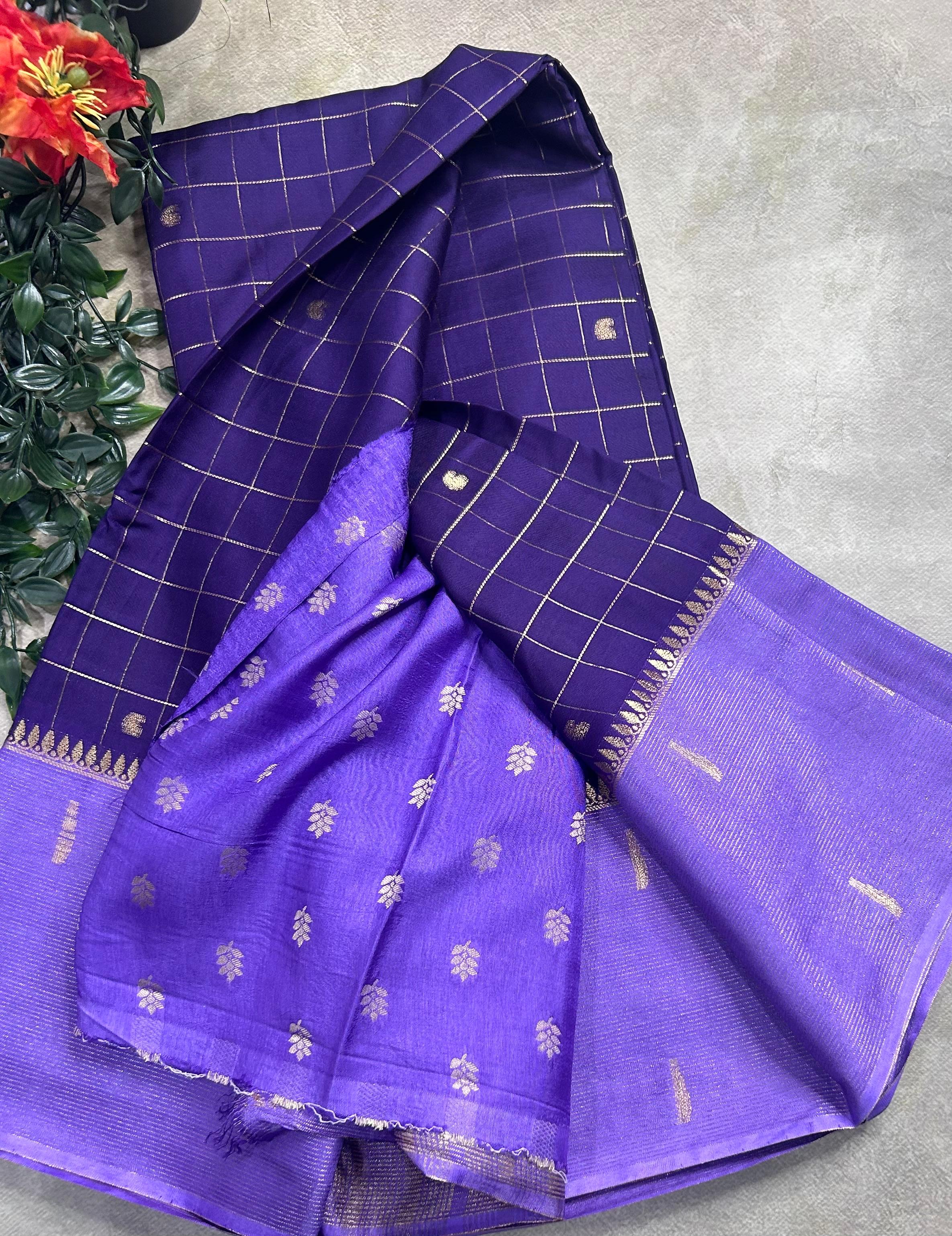 Purple checks semi Mysore crepe 106 saree