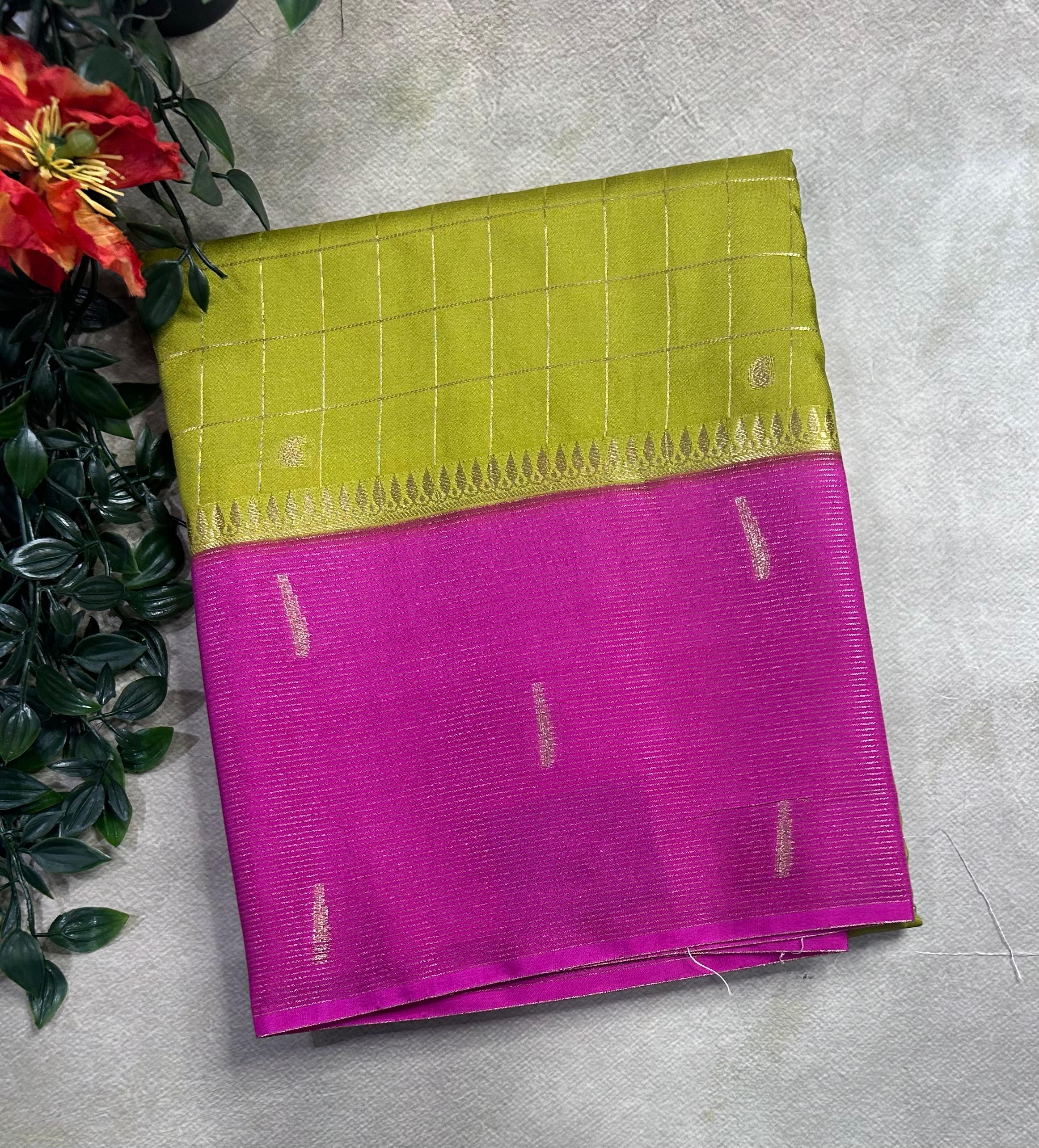 Olive green checks semi Mysore crepe 106 saree