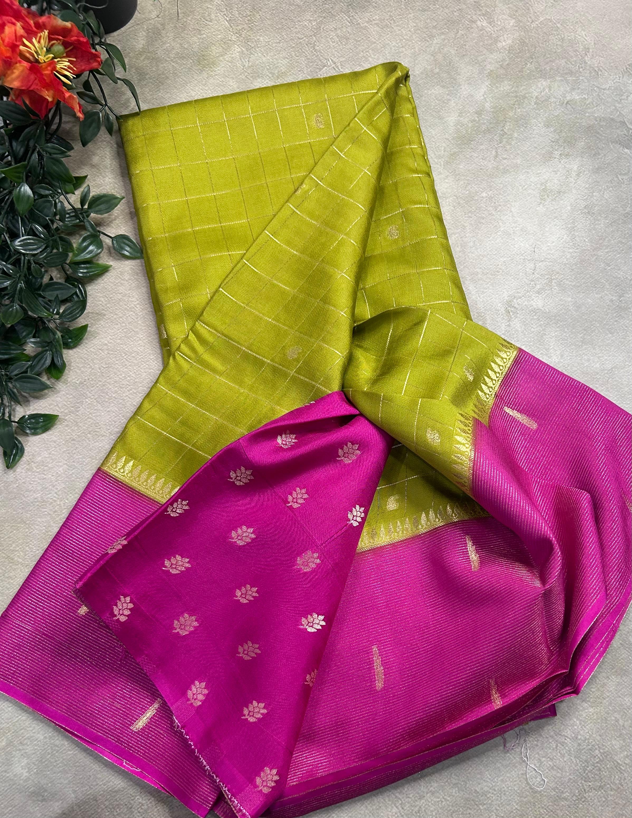 Olive green checks semi Mysore crepe 106 saree