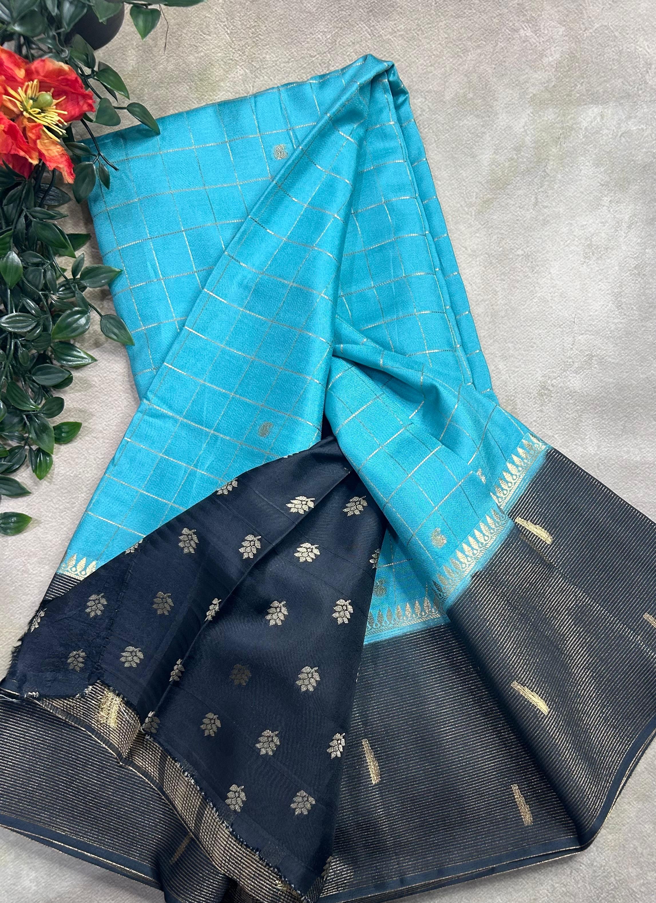 Sky blue checks semi Mysore crepe 106 saree