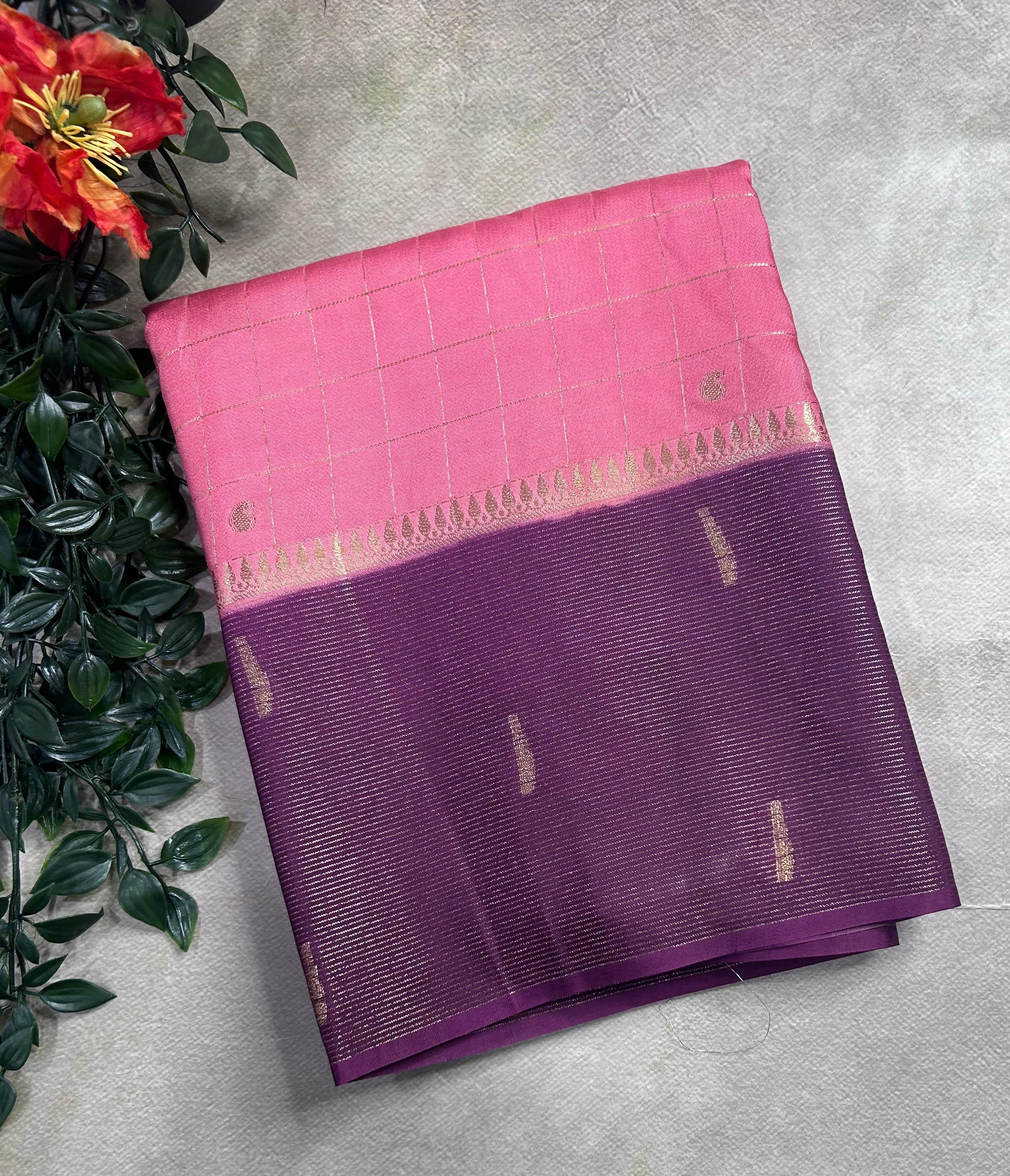 Light pink checks semi Mysore crepe 106 saree