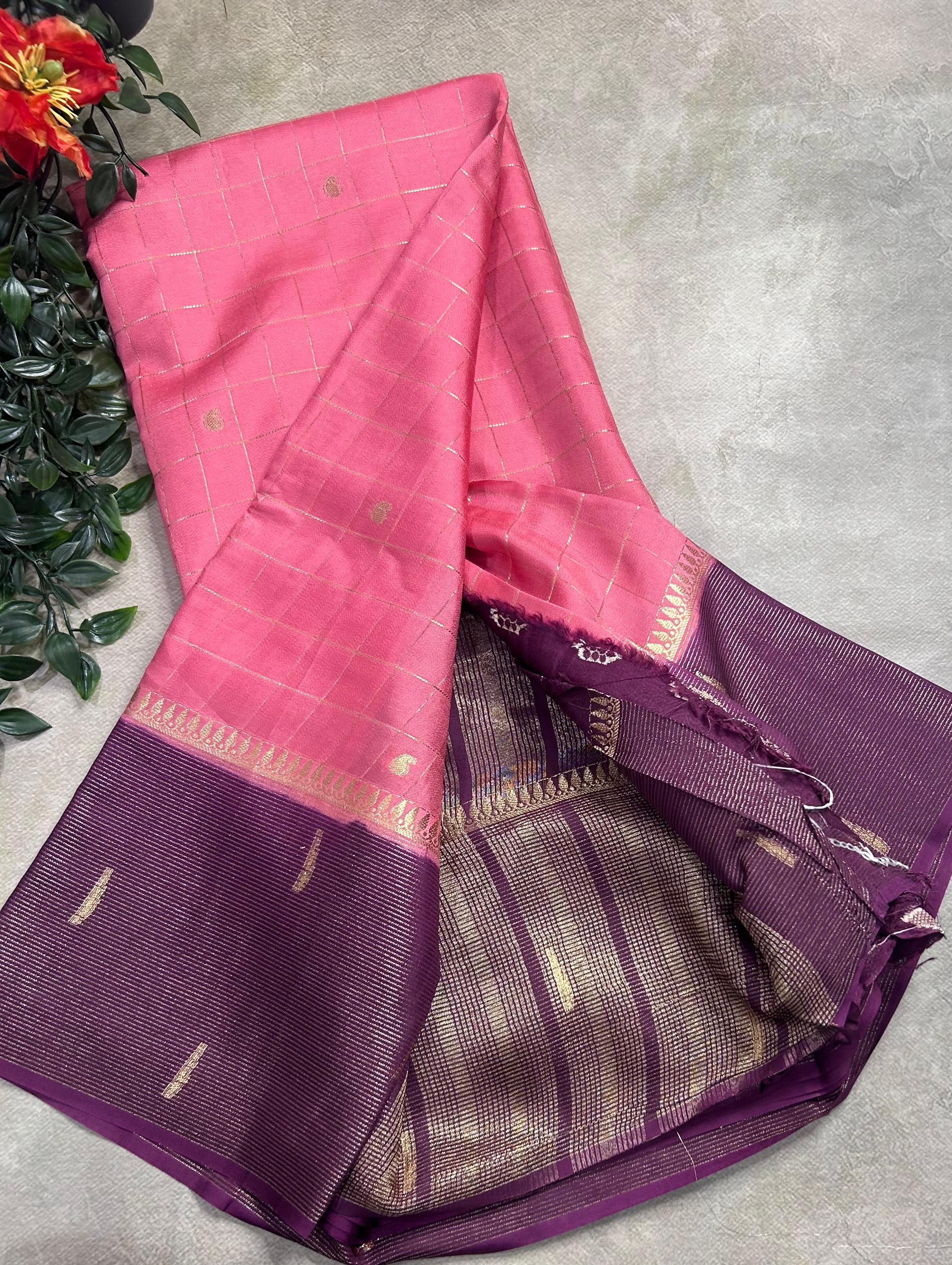 Light pink checks semi Mysore crepe 106 saree