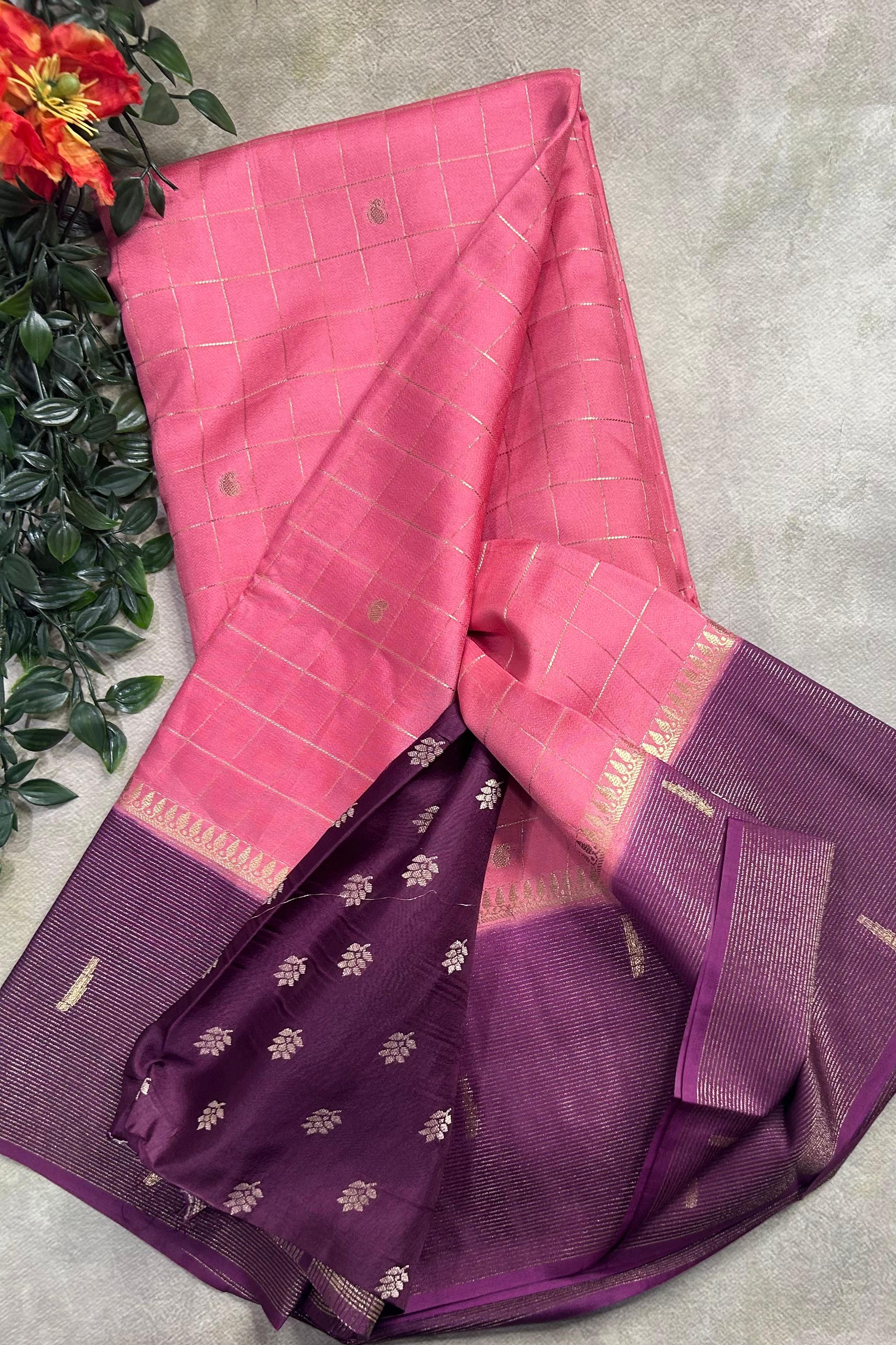 Light pink checks semi Mysore crepe 106 saree