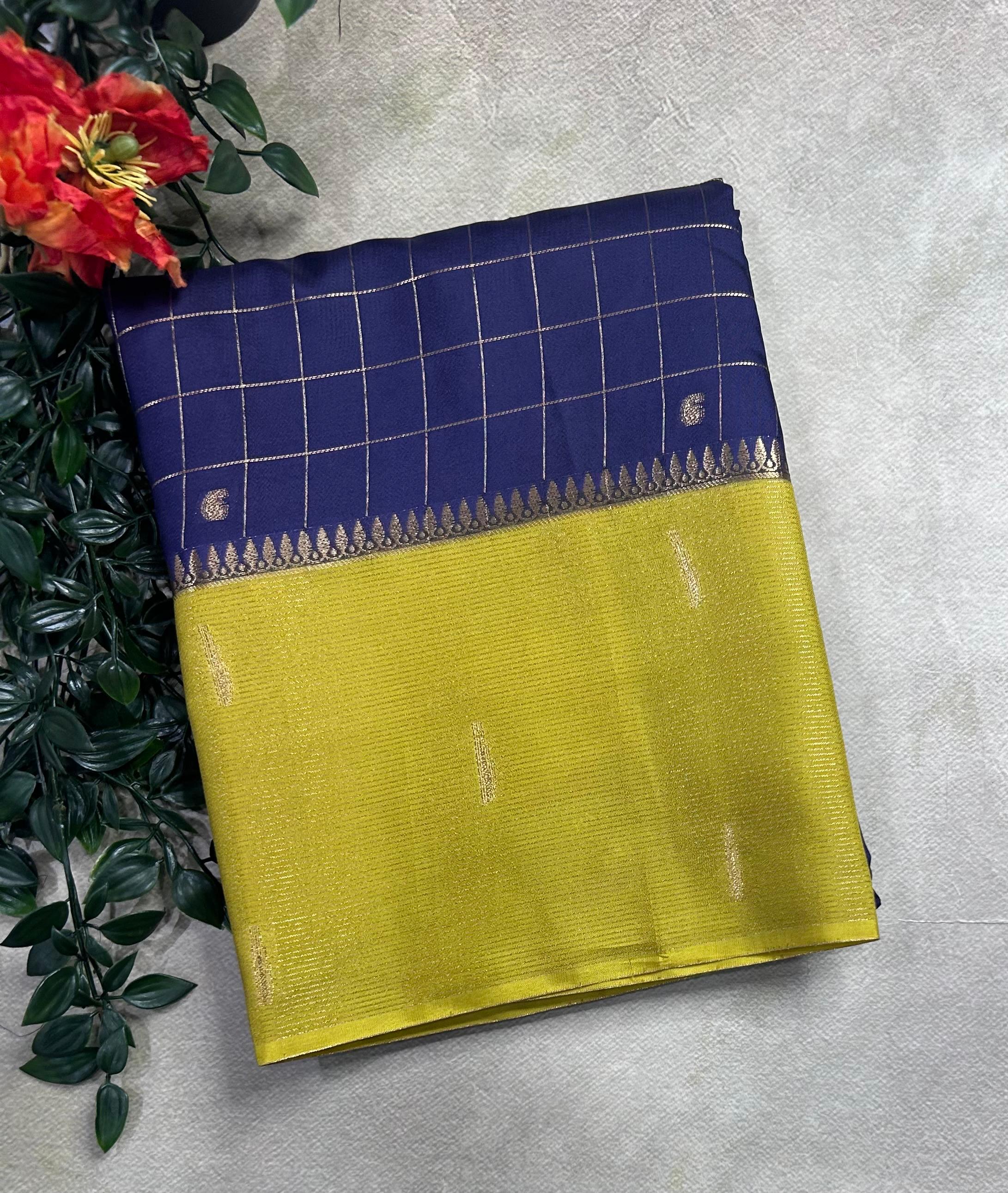 Navy blue checks semi Mysore crepe 106 saree