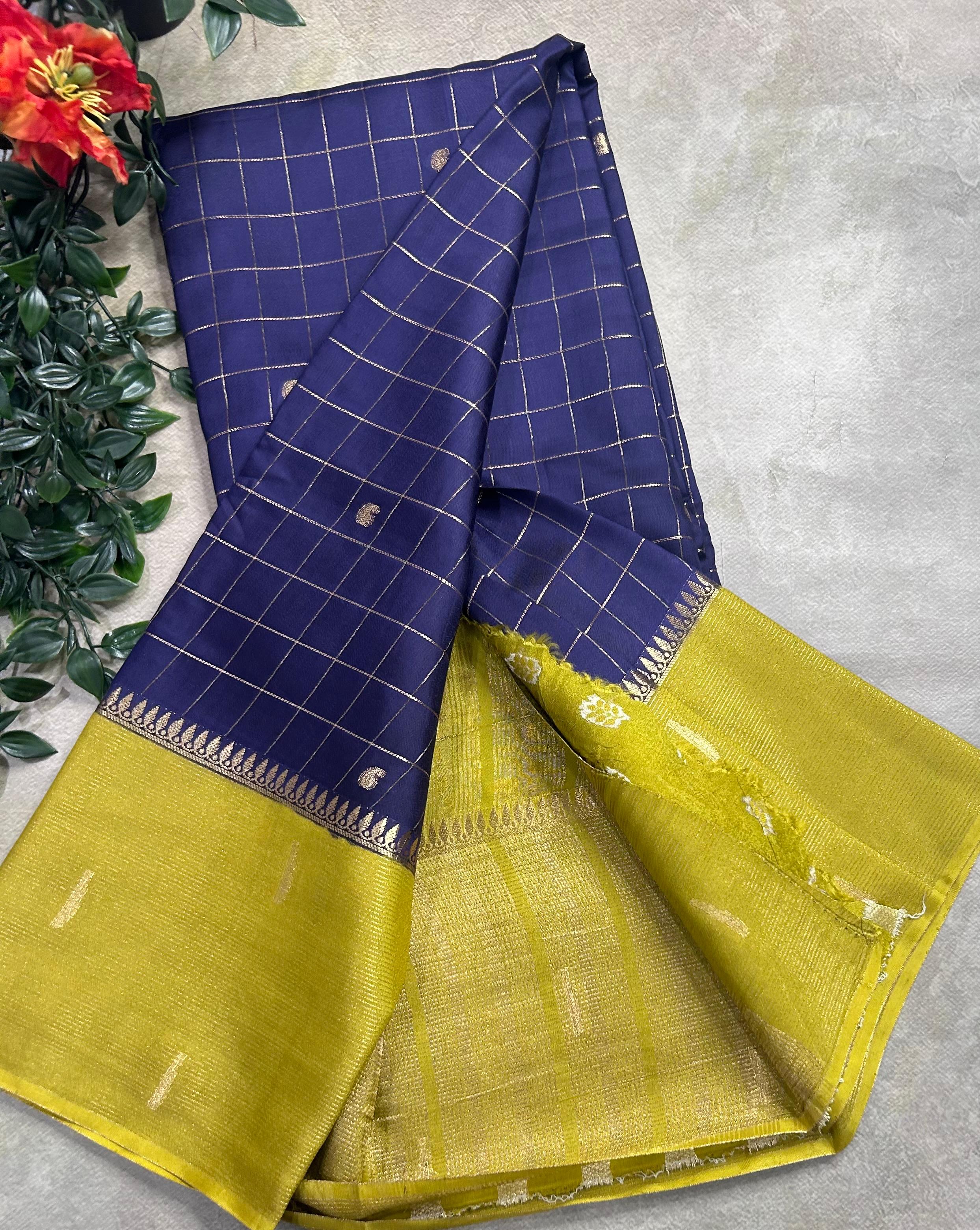 Navy blue checks semi Mysore crepe 106 saree