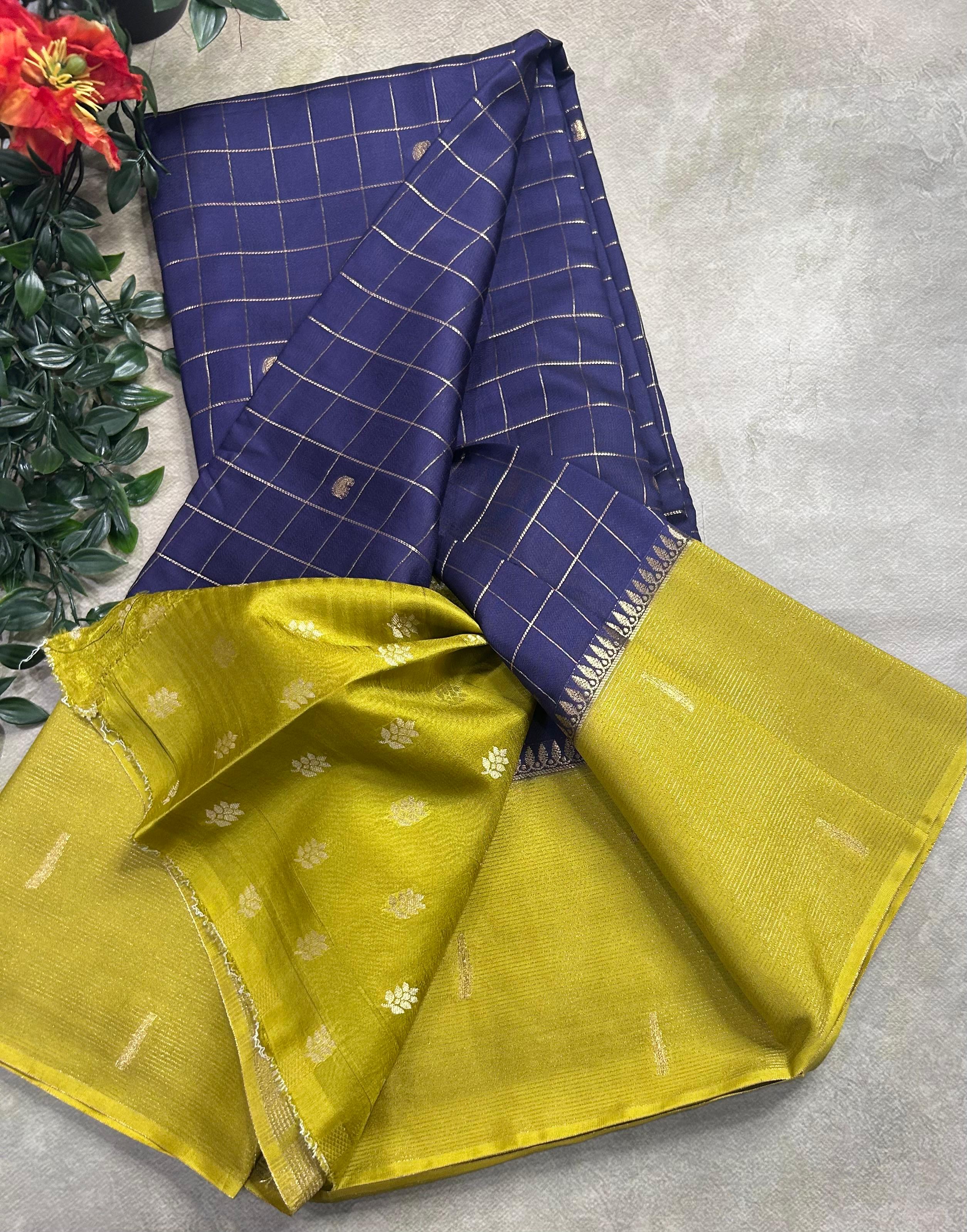 Navy blue checks semi Mysore crepe 106 saree