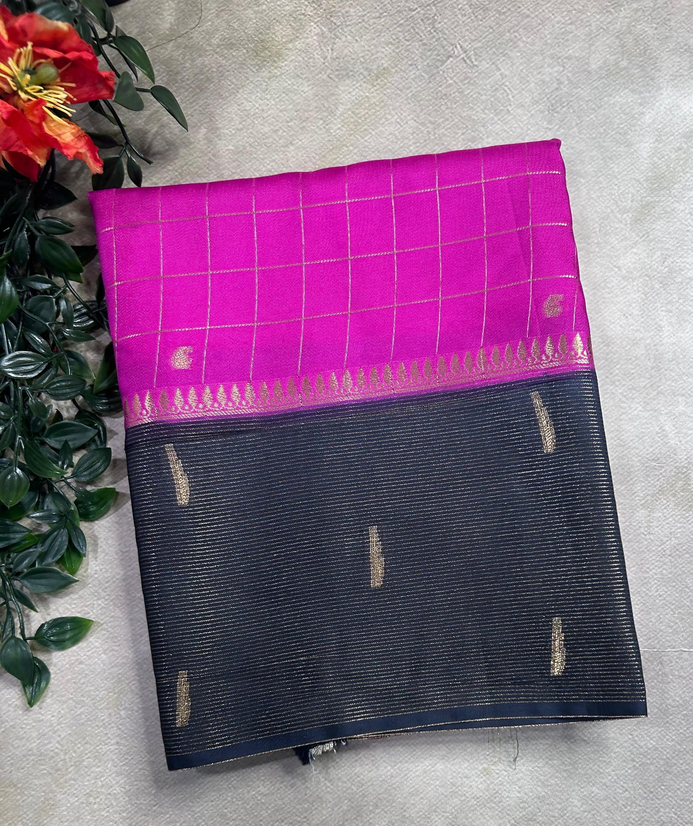 Pink checks semi Mysore crepe 106 saree