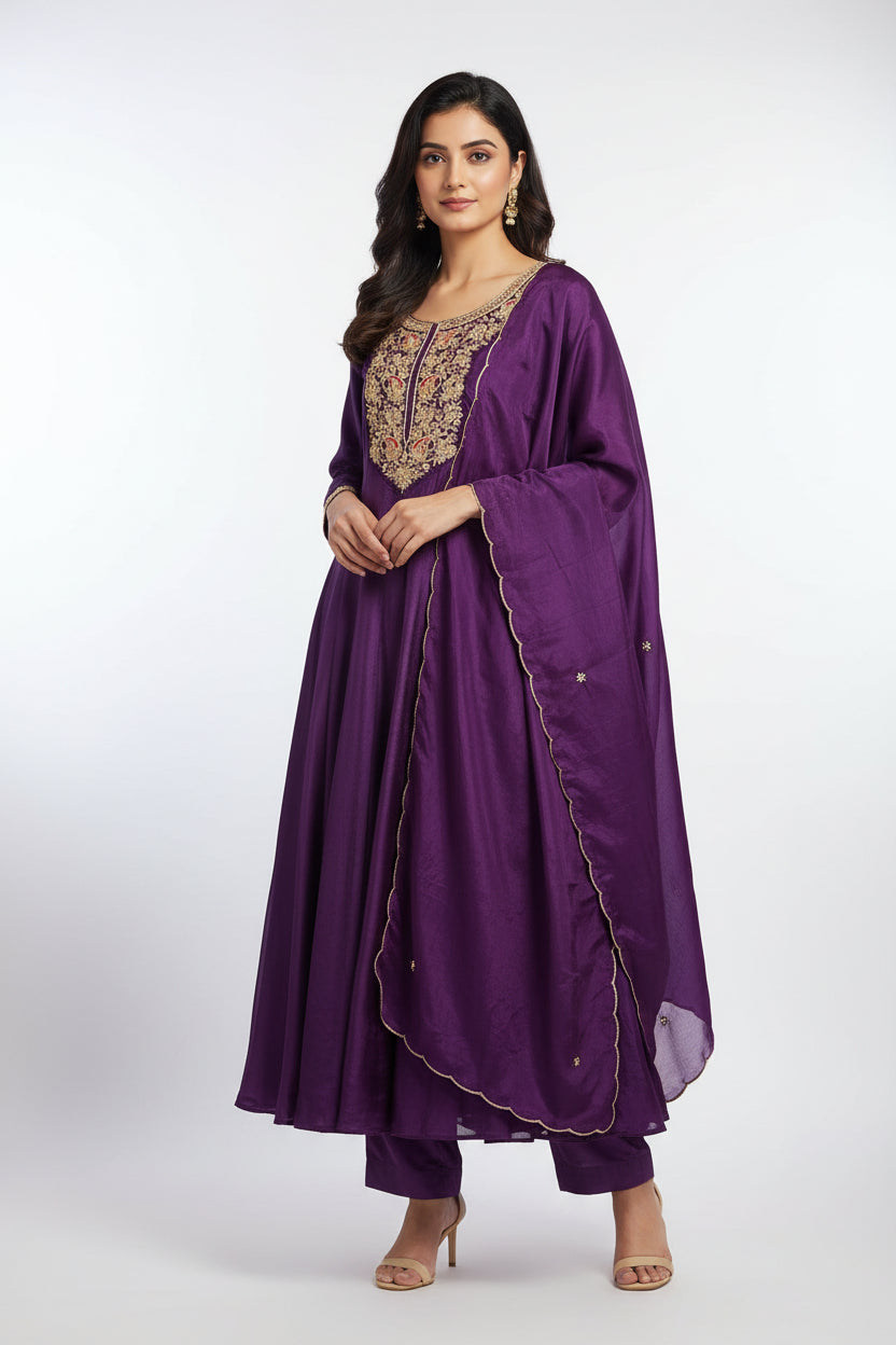purple  Anarkali ho sik Hand work Kurtha 567