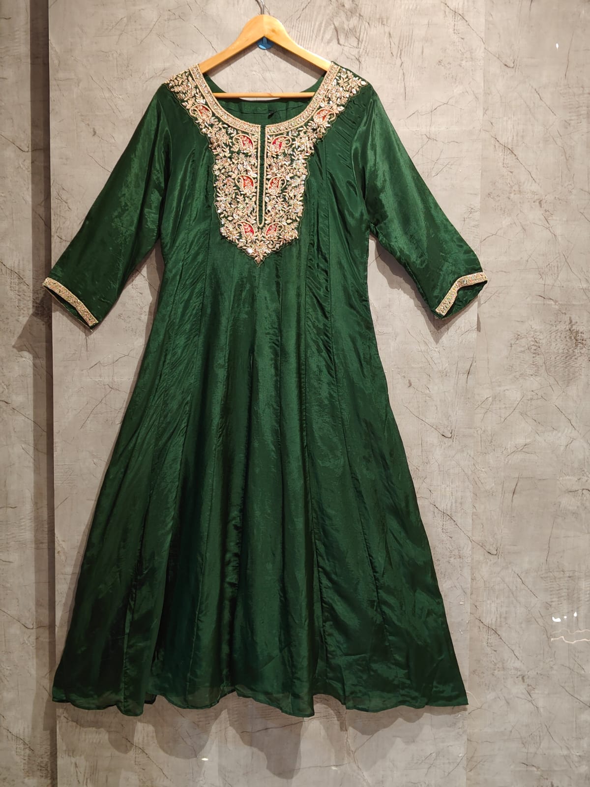 green  Anarkali ho sik Handwork  Kurtha 567