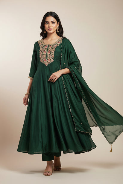 green  Anarkali ho sik Handwork  Kurtha 567