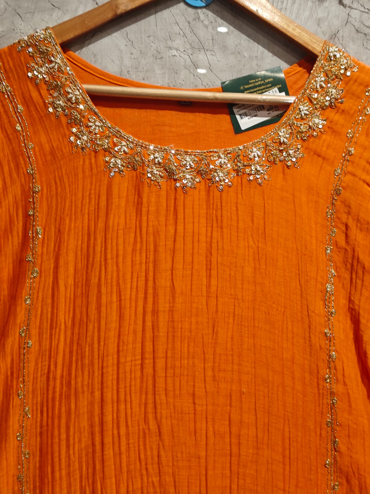 Orange Mul Chanderi Hand Embroidery Airline Kurtha 686