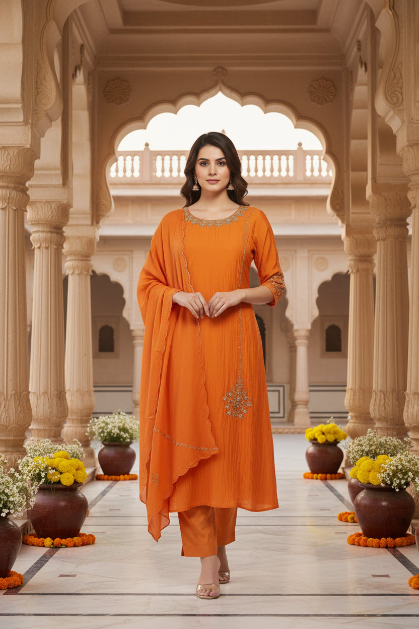 Orange Mul Chanderi Hand Embroidery Airline Kurtha 686